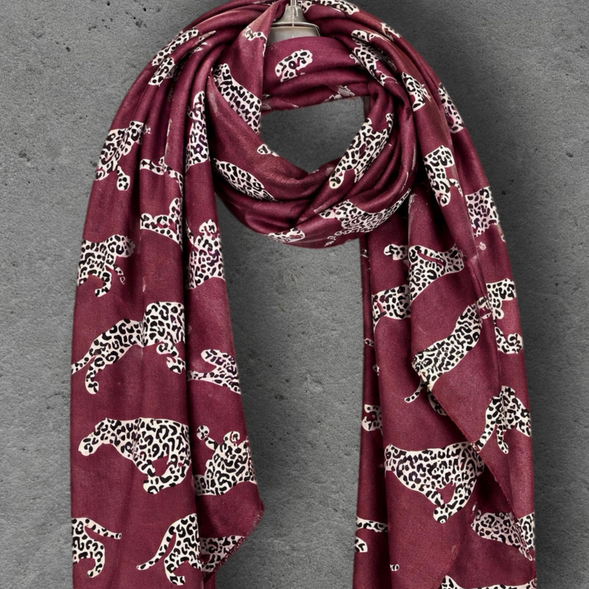 Burgundy Leopard Print Scarf, Lightweight Autumn Shawl, Wine Red Animal Motif Wrap, Ideal Gifts for Her