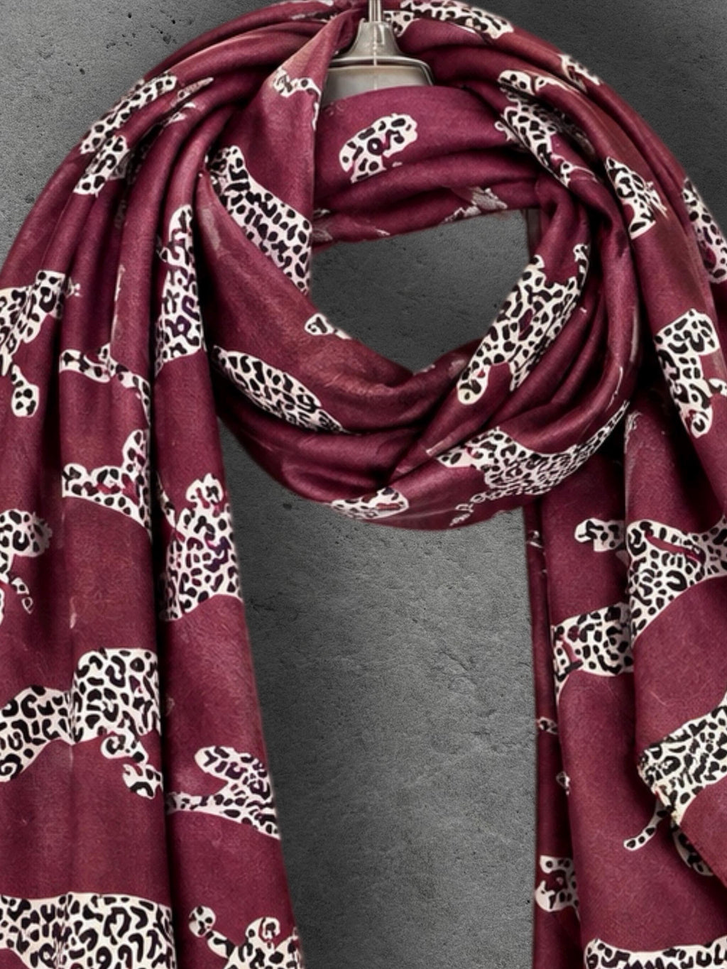 Burgundy Leopard Print Scarf, Lightweight Autumn Shawl, Wine Red Animal Motif Wrap, Ideal Gifts for Her