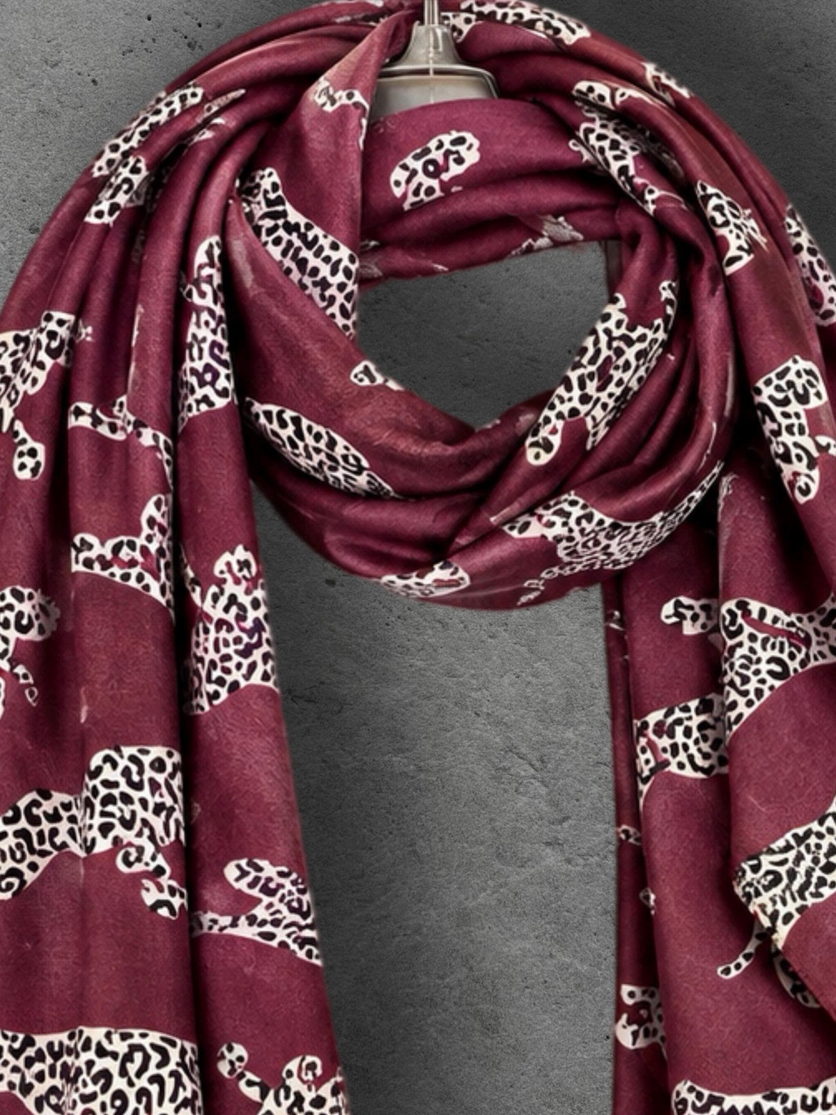 Burgundy Leopard Print Scarf, Lightweight Autumn Shawl, Wine Red Animal Motif Wrap, Ideal Gifts for Her