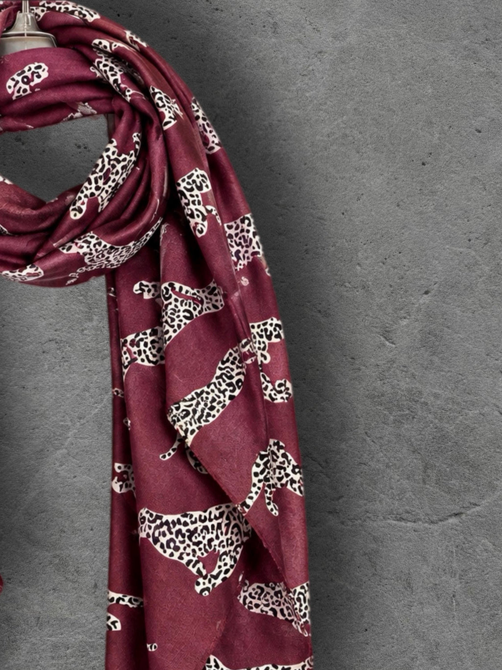 Burgundy Leopard Print Scarf, Lightweight Autumn Shawl, Wine Red Animal Motif Wrap, Ideal Gifts for Her