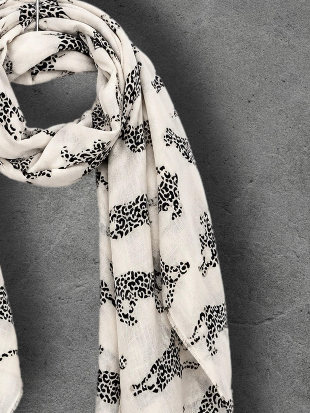 Ivory White Leopard Print Scarf, Lightweight Autumn Shawl, Animal Motif Wrap for Women, Thoughtful Gift for Her