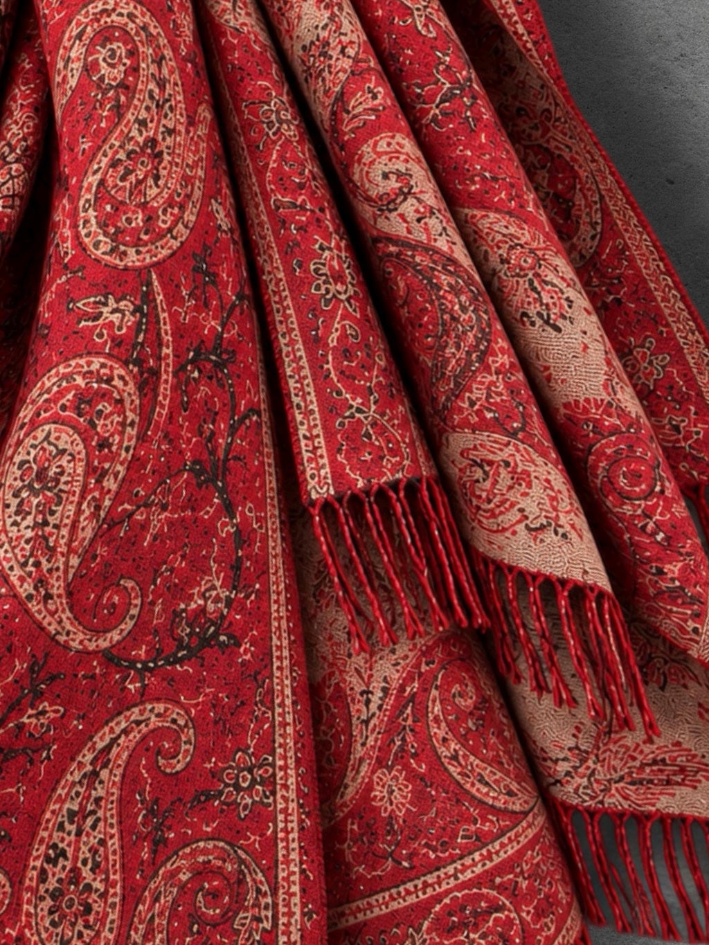 Red Paisley Reversible Winter Scarf, Bohemian Wrap Vintage Ornamental Shawl, Soft Warm Women Gift
