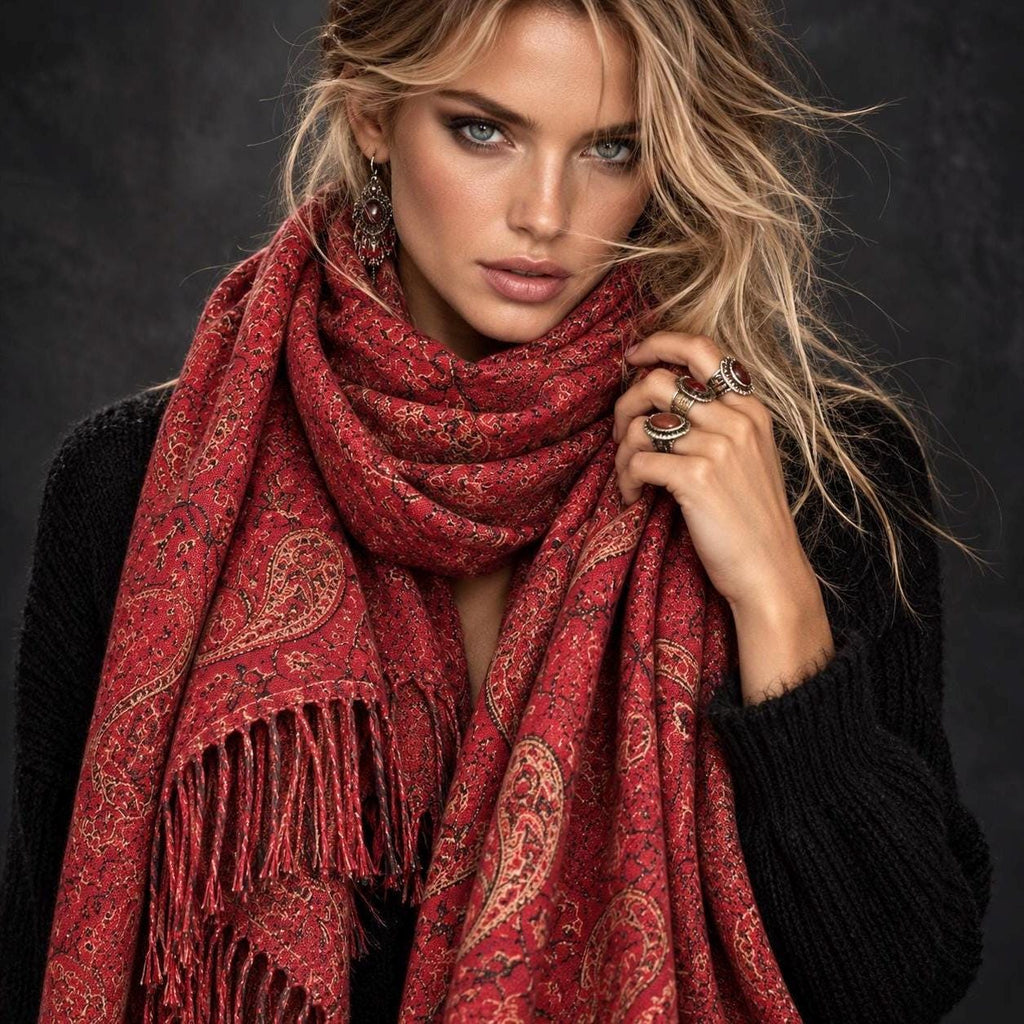 Red Paisley Reversible Winter Scarf, Bohemian Wrap Vintage Ornamental Shawl, Soft Warm Women Gift