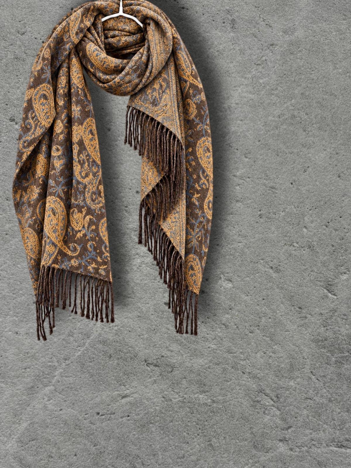 Brown Mustard Yellow Heritage Winter Scarf, Reversible Paisley Jacquard Boho Wrap, Antique Inspired Womens Accessory,Ideal Gifts for Her
