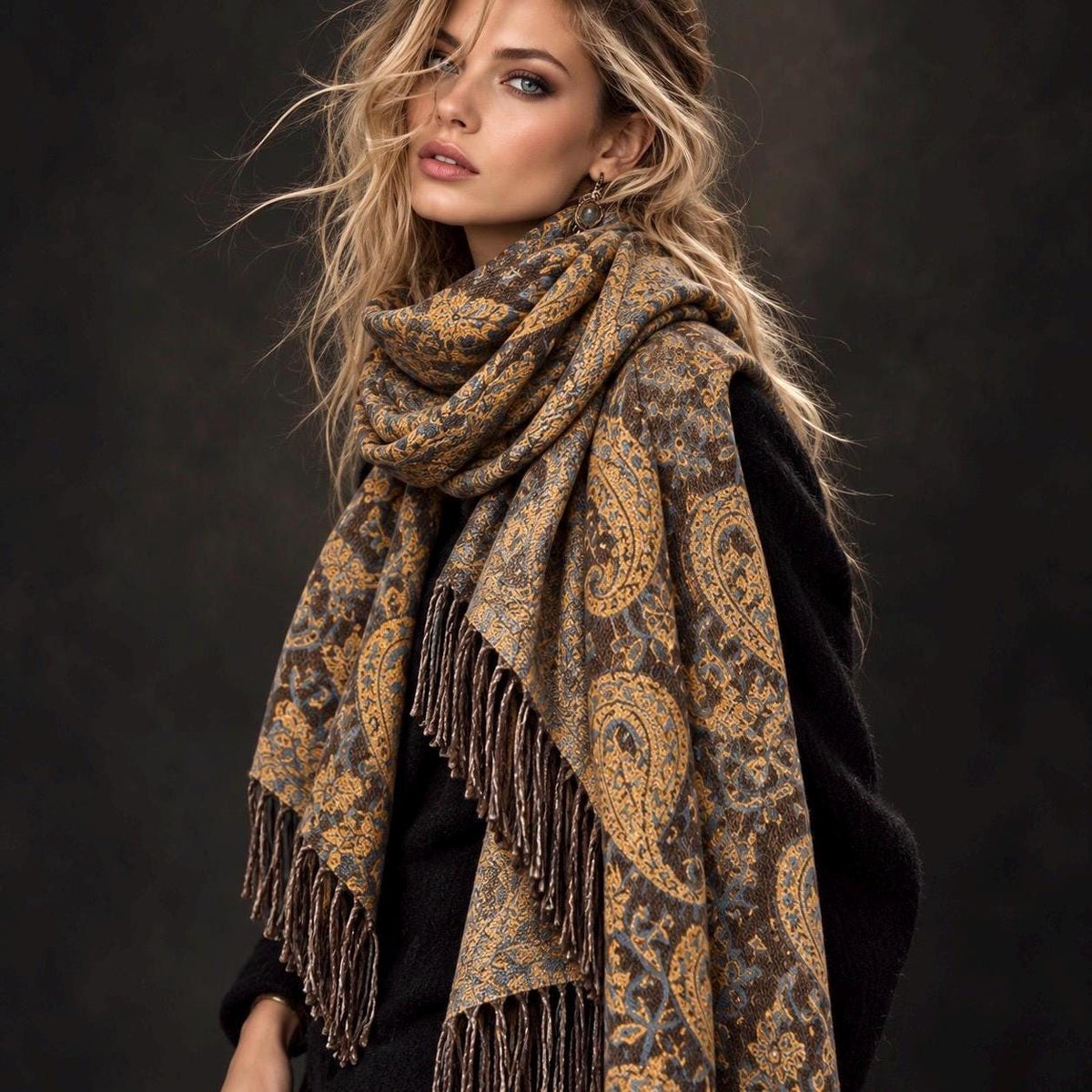 Brown Mustard Yellow Heritage Winter Scarf, Reversible Paisley Jacquard Boho Wrap, Antique Inspired Womens Accessory,Ideal Gifts for Her