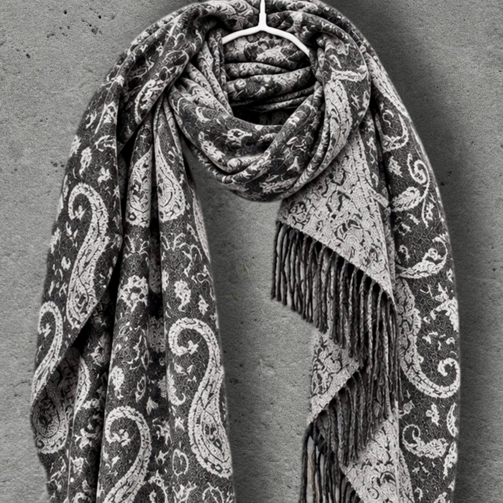 Charcoal Grey Monochrome Paisley Winter Scarf, Reversible Ornate Wrap, Ultra Soft Bohemian Shawl, Thoughtful Gift for Womens