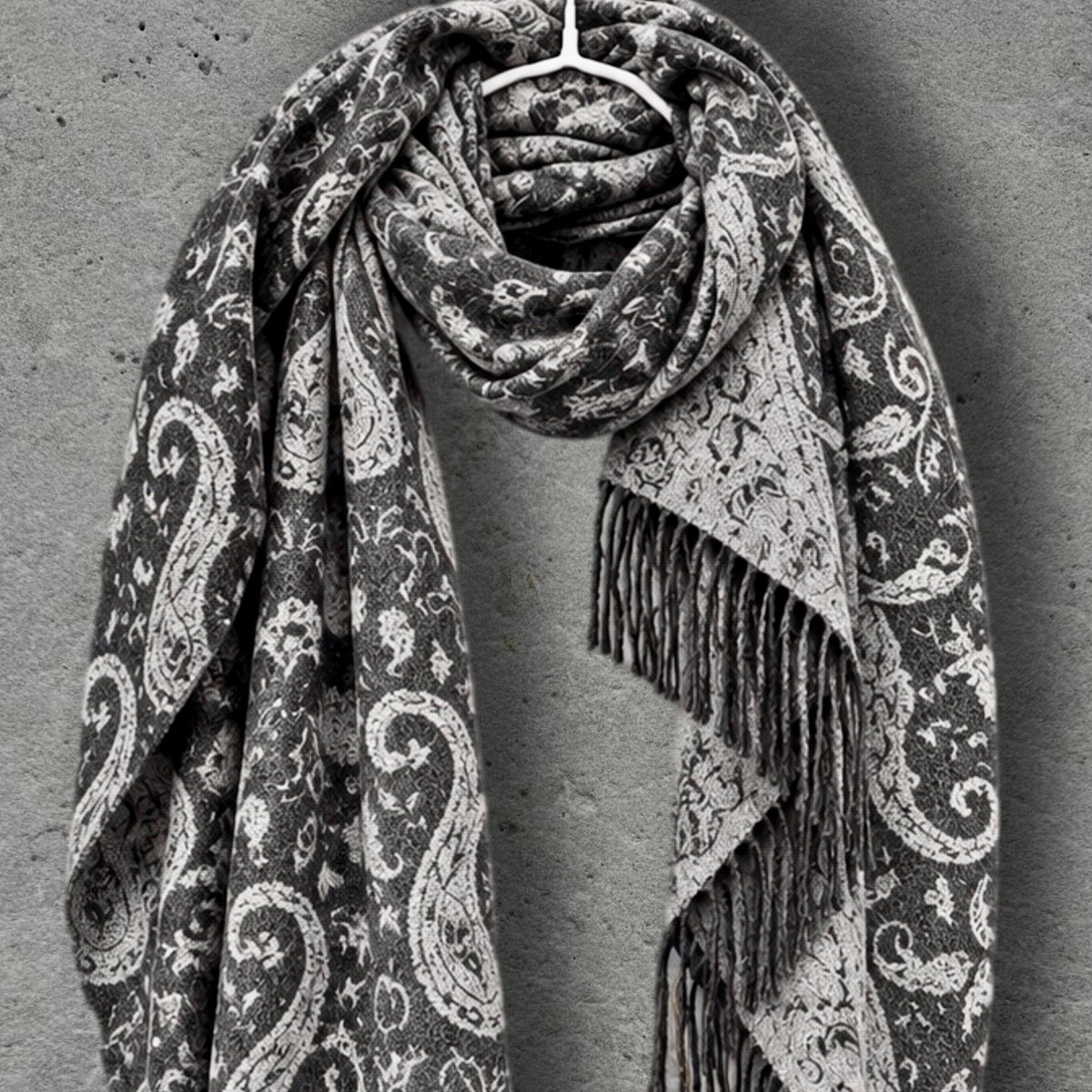 Charcoal Grey Monochrome Paisley Winter Scarf, Reversible Ornate Wrap, Ultra Soft Bohemian Shawl, Thoughtful Gift for Womens