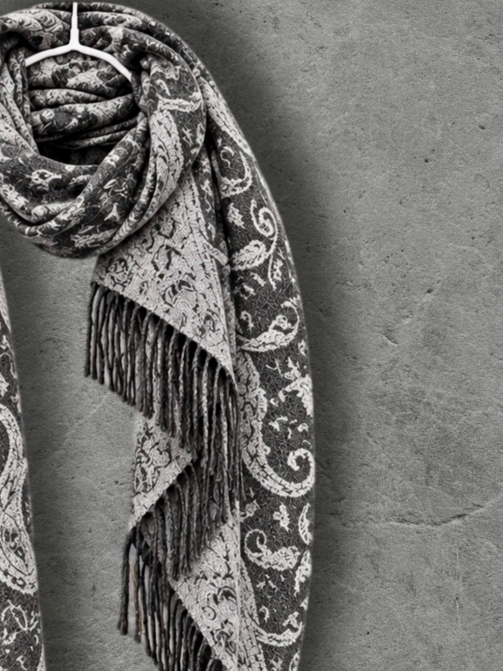 Charcoal Grey Monochrome Paisley Winter Scarf, Reversible Ornate Wrap, Ultra Soft Bohemian Shawl, Thoughtful Gift for Womens