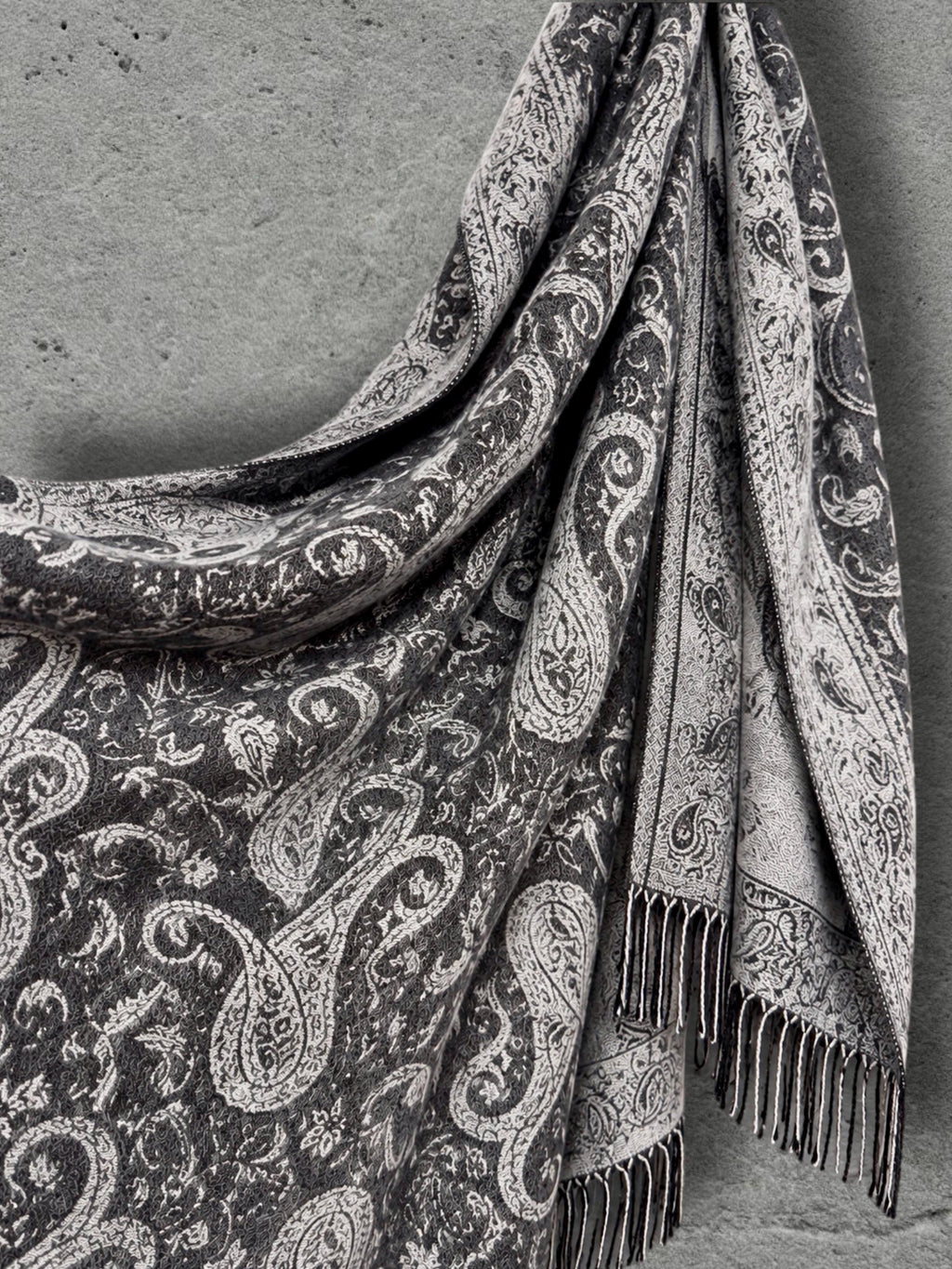 Charcoal Grey Monochrome Paisley Winter Scarf, Reversible Ornate Wrap, Ultra Soft Bohemian Shawl, Thoughtful Gift for Womens