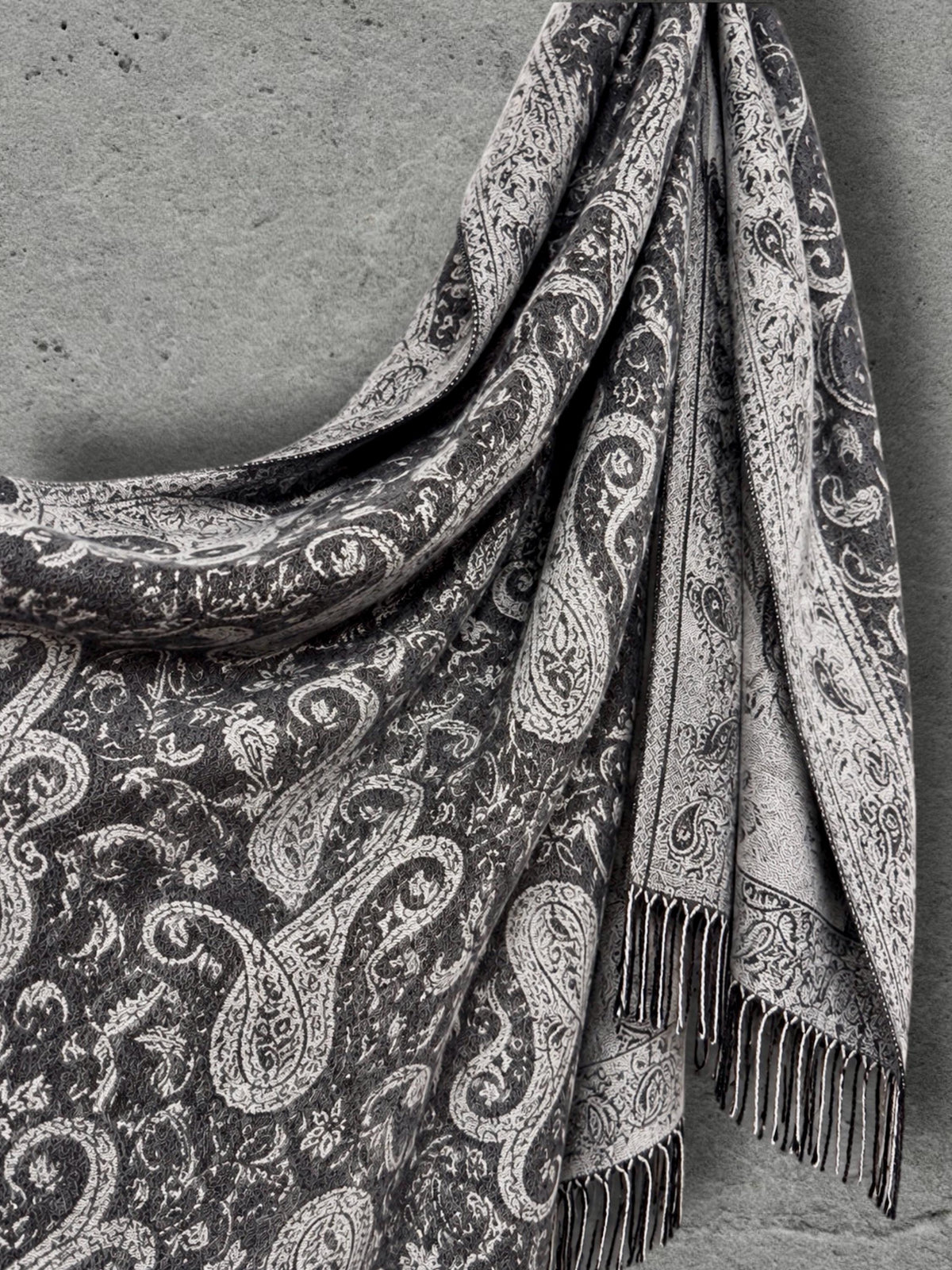 Charcoal Grey Monochrome Paisley Winter Scarf, Reversible Ornate Wrap, Ultra Soft Bohemian Shawl, Thoughtful Gift for Womens