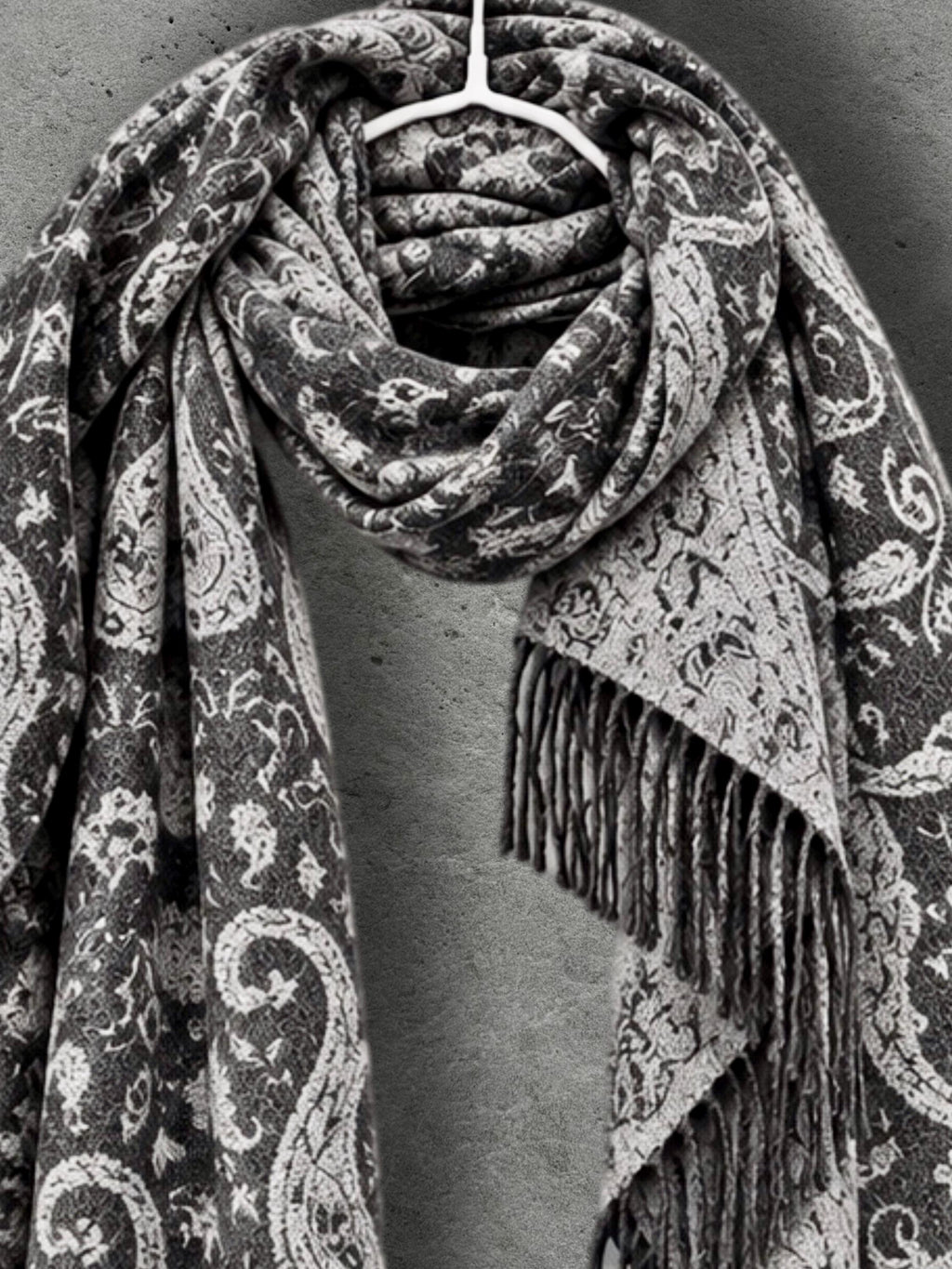 Charcoal Grey Monochrome Paisley Winter Scarf, Reversible Ornate Wrap, Ultra Soft Bohemian Shawl, Thoughtful Gift for Womens