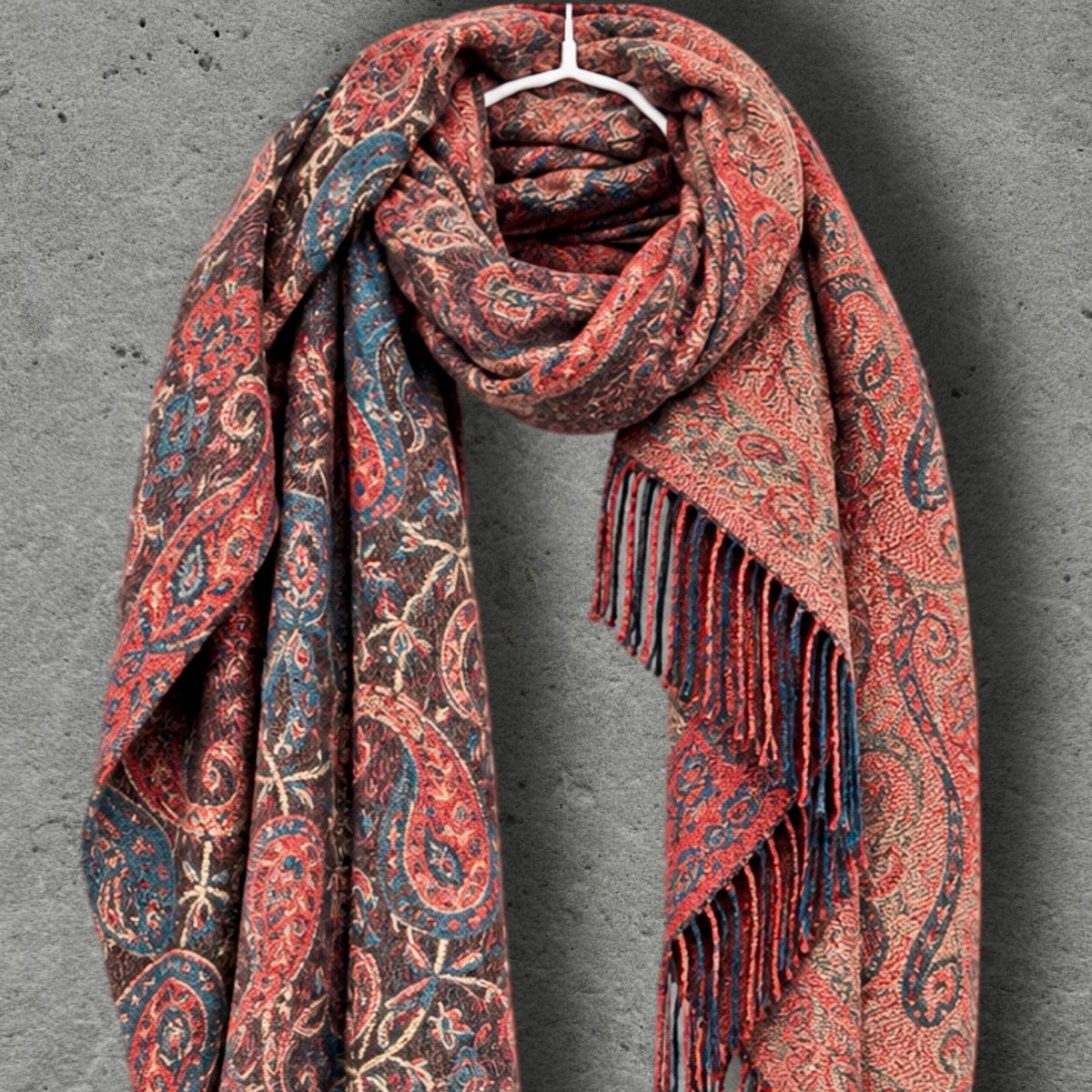 Brown Red Paisley Reversible Winter Scarf, Vintage Bohemian Wrap, Ornate Tapestry Shawl, Soft Warm Womens Gifts