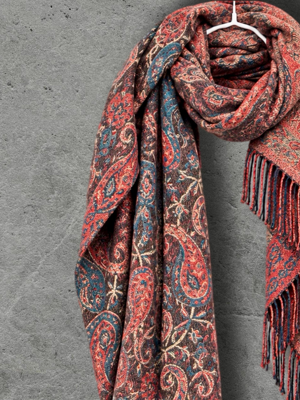 Brown Red Paisley Reversible Winter Scarf, Vintage Bohemian Wrap, Ornate Tapestry Shawl, Soft Warm Womens Gifts
