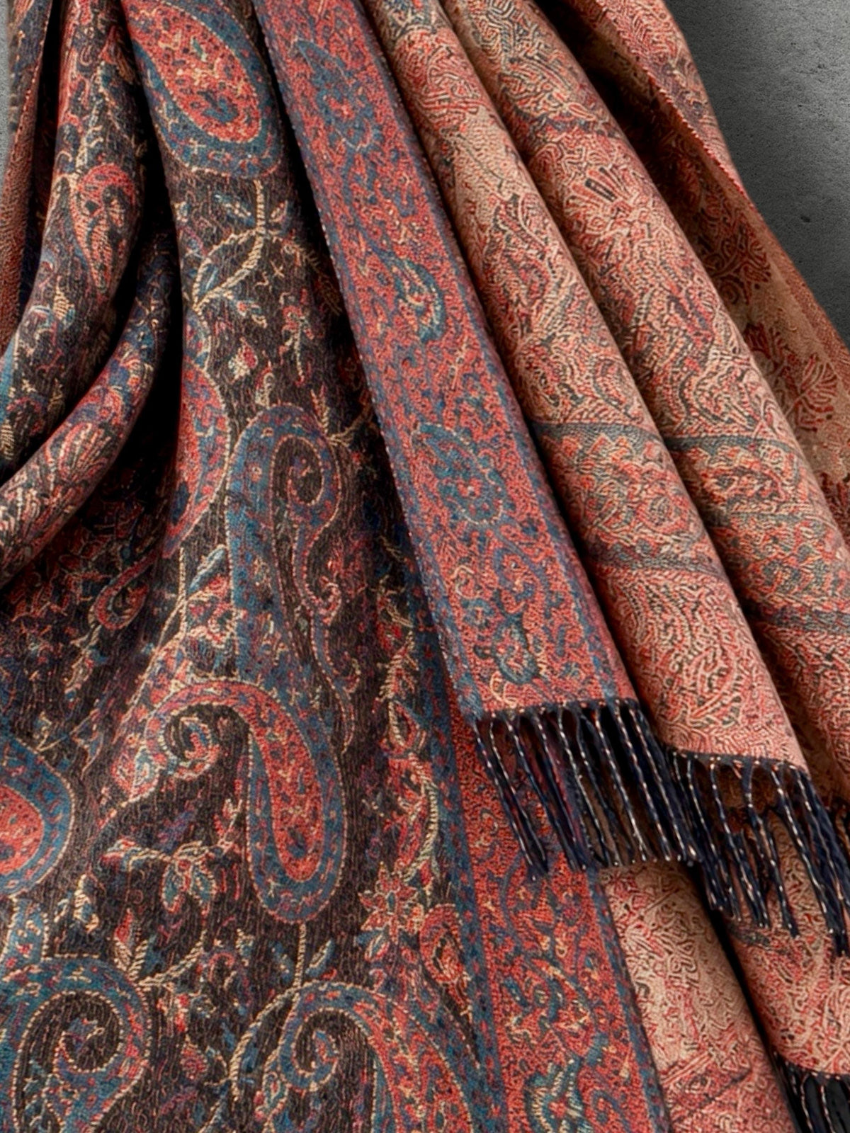 Brown Red Paisley Reversible Winter Scarf, Vintage Bohemian Wrap, Ornate Tapestry Shawl, Soft Warm Womens Gifts