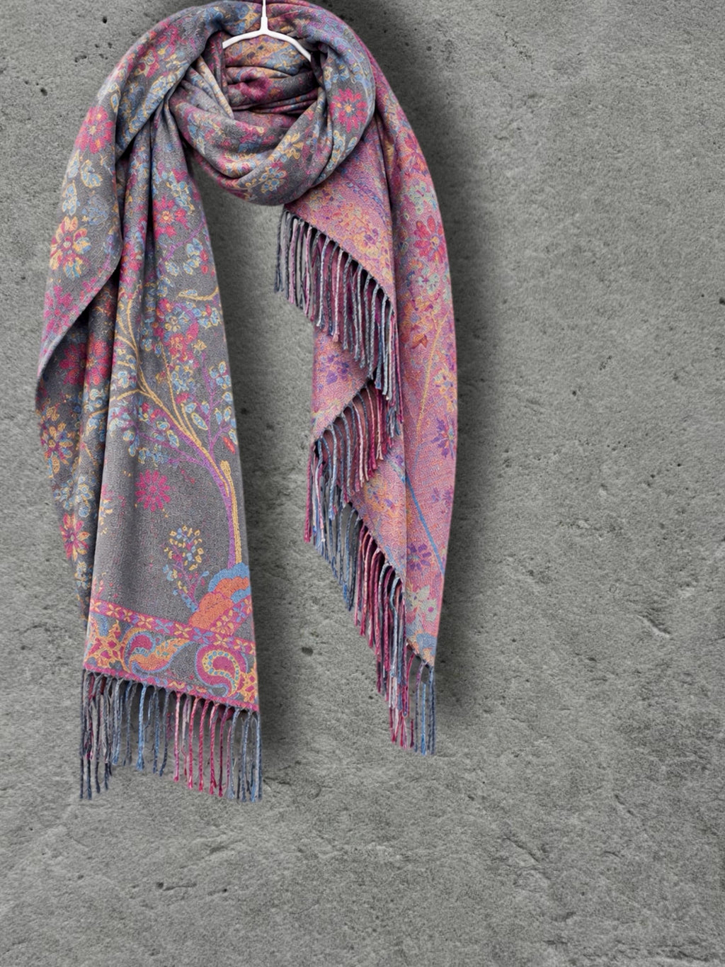 Grey Pink Botanical Winter Scarf, Reversible Floral Trees Wrap for Women, Colourful Boho Shawl,Warm Gifts for Her