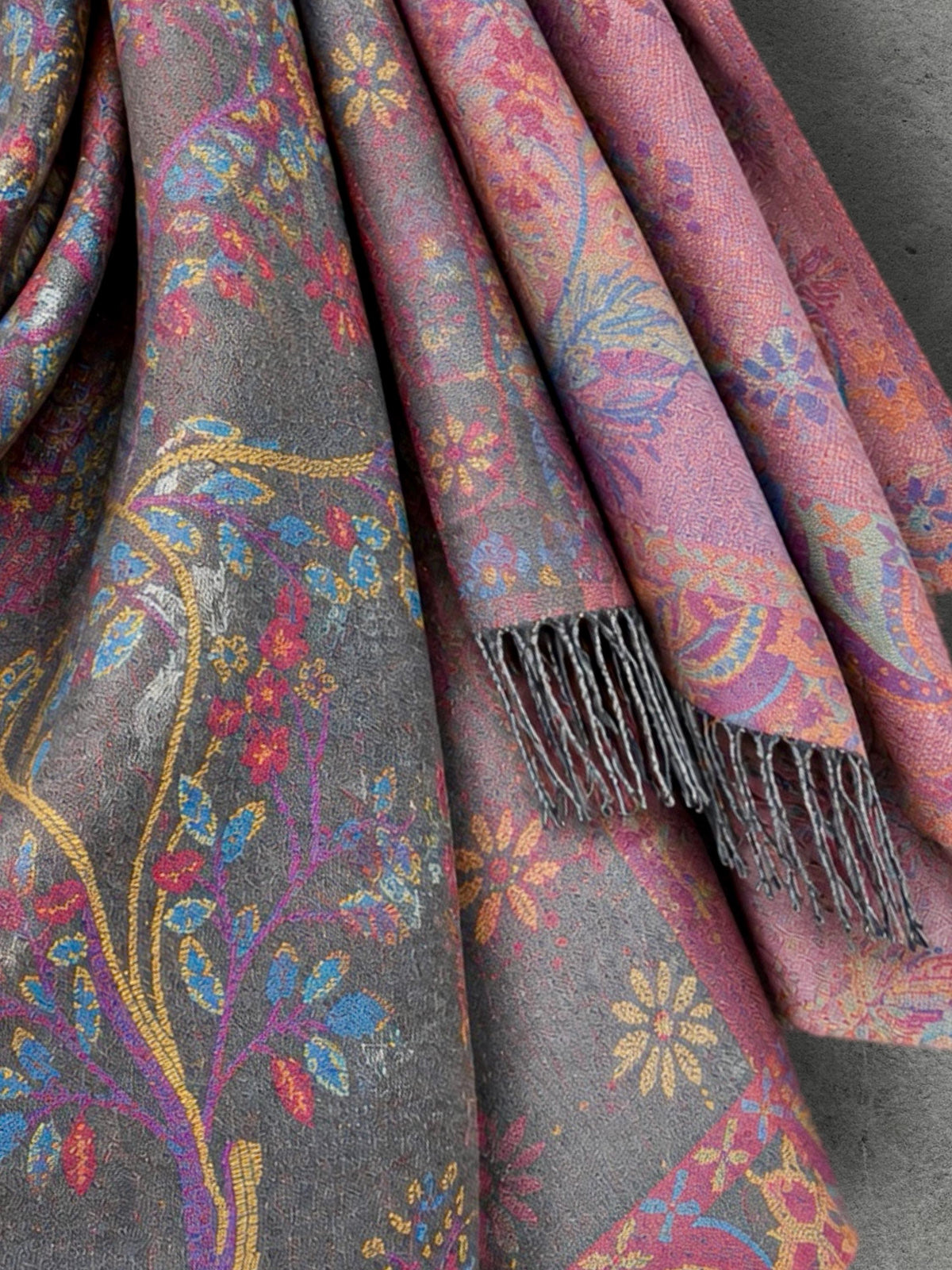Grey Pink Botanical Winter Scarf, Reversible Floral Trees Wrap for Women, Colourful Boho Shawl,Warm Gifts for Her