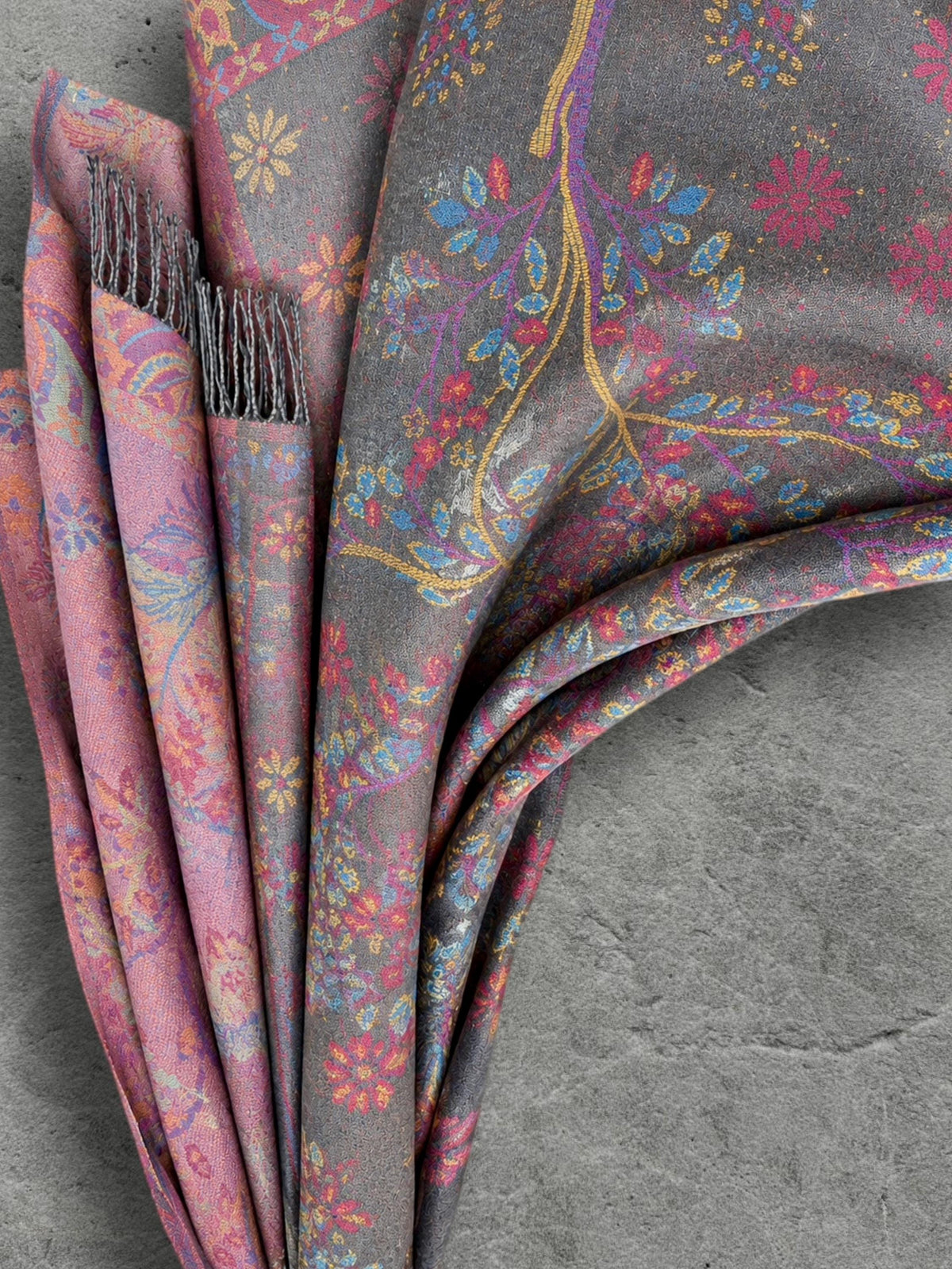Grey Pink Botanical Winter Scarf, Reversible Floral Trees Wrap for Women, Colourful Boho Shawl,Warm Gifts for Her