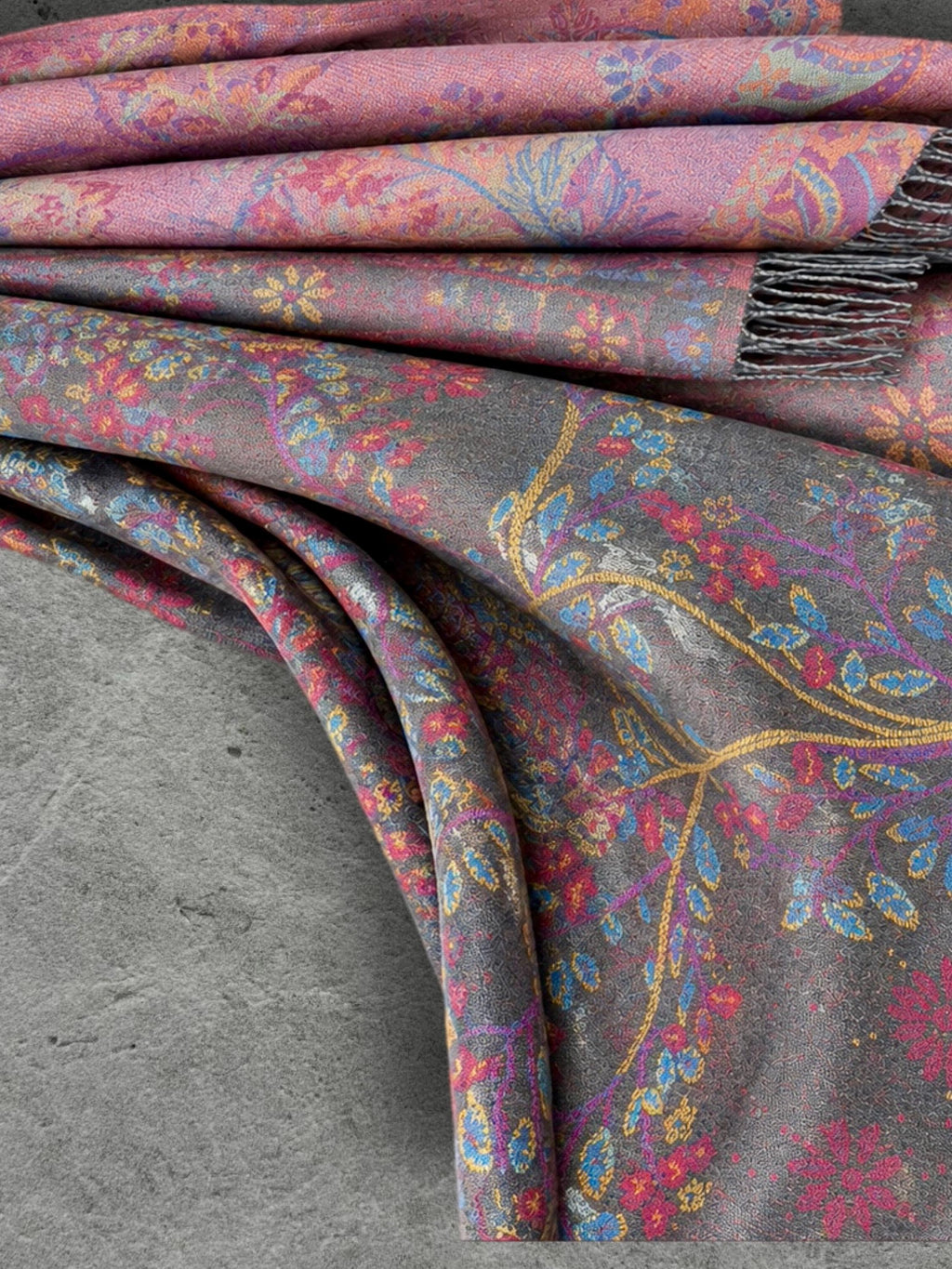 Grey Pink Botanical Winter Scarf, Reversible Floral Trees Wrap for Women, Colourful Boho Shawl,Warm Gifts for Her