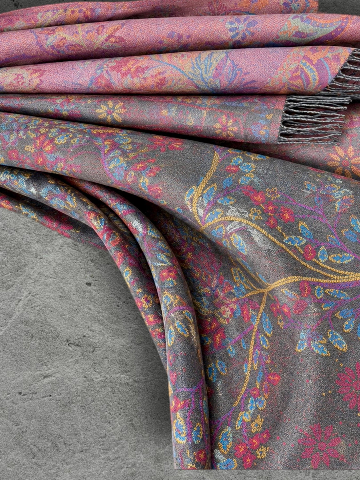 Grey Pink Botanical Winter Scarf, Reversible Floral Trees Wrap for Women, Colourful Boho Shawl,Warm Gifts for Her