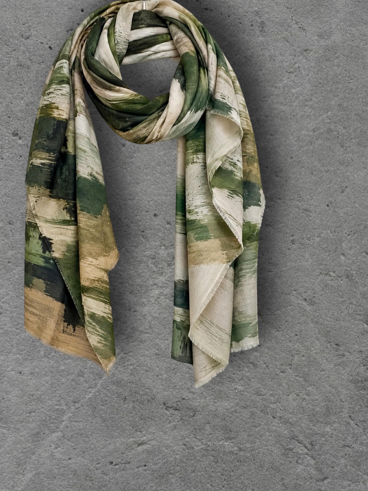 Forest Green Brushstroke Scarf, Abstract Autumn Wrap, Cream Camel Cotton Viscose Shawl, Artistic Women’s Accessory, Gift for Her