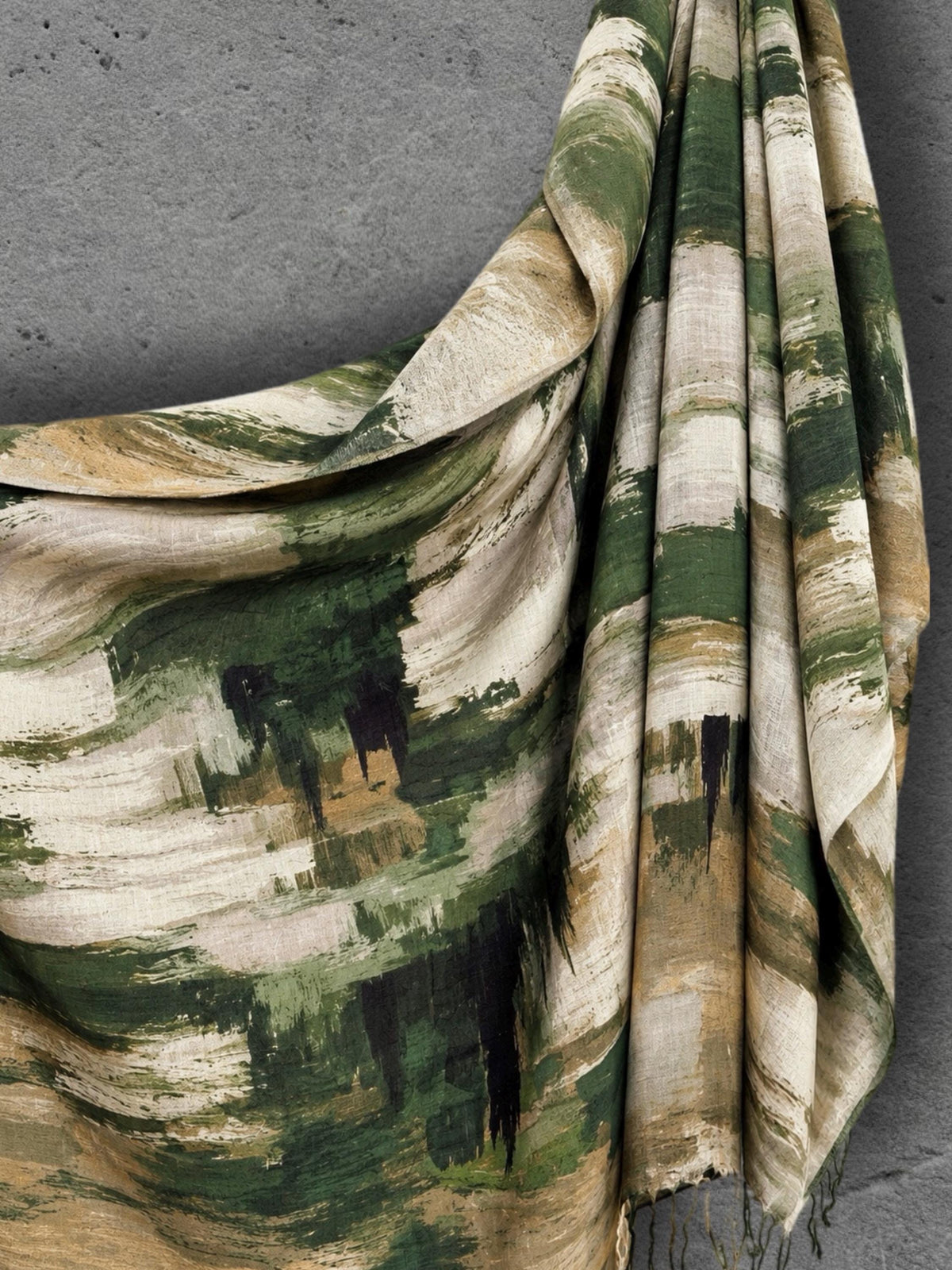 Forest Green Brushstroke Scarf, Abstract Autumn Wrap, Cream Camel Cotton Viscose Shawl, Artistic Women’s Accessory, Gift for Her