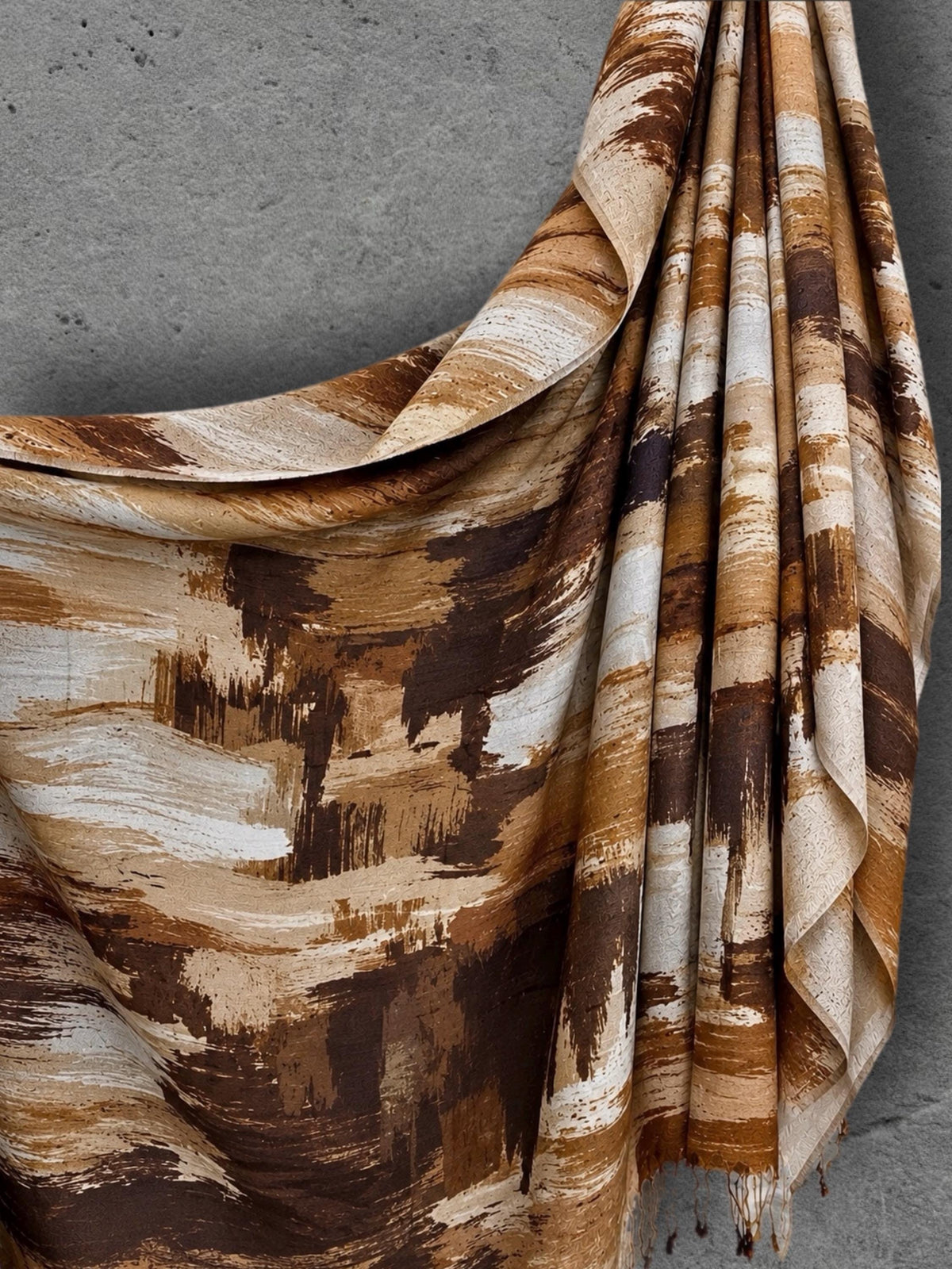 Chocolate Brown Painted Scarf, Caramel Cream Abstract Wrap, Earth Tone Cotton Viscose Shawl, Modern Autumn Accessory, Women’s Gift