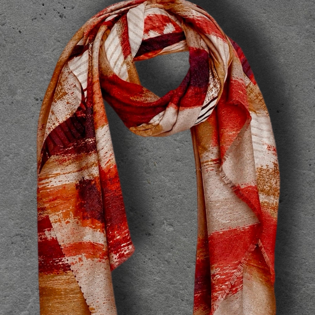 Red Beige Brushstroke Scarf, Burnt Orange Artistic Wrap, Abstract Cotton Viscose Shawl, Vibrant Fall Fashion, Statement Women’s Scarf