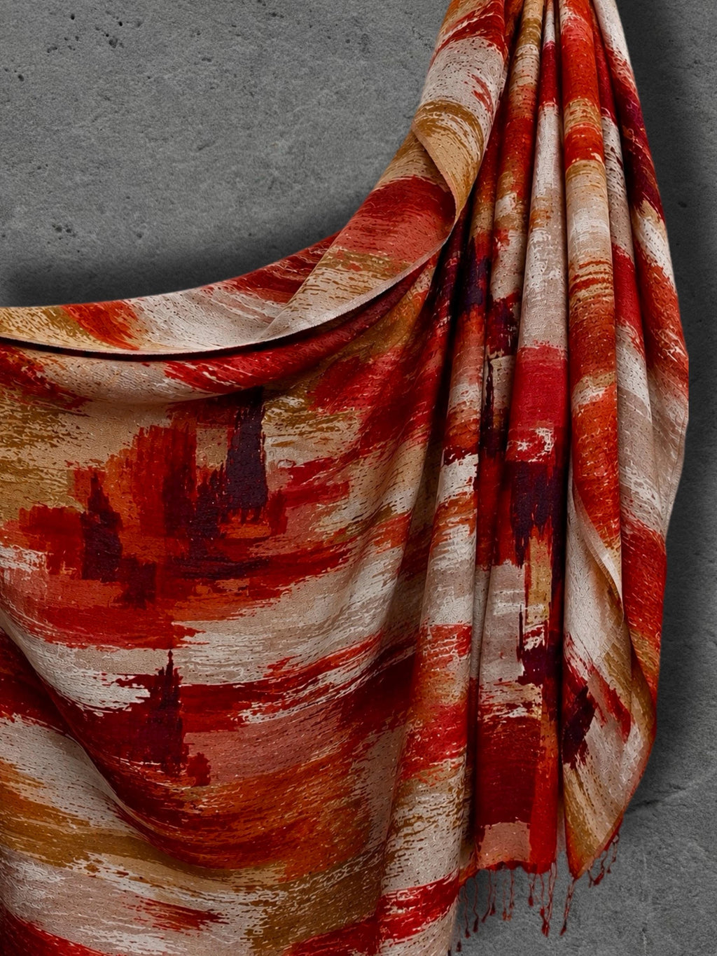 Red Beige Brushstroke Scarf, Burnt Orange Artistic Wrap, Abstract Cotton Viscose Shawl, Vibrant Fall Fashion, Statement Women’s Scarf