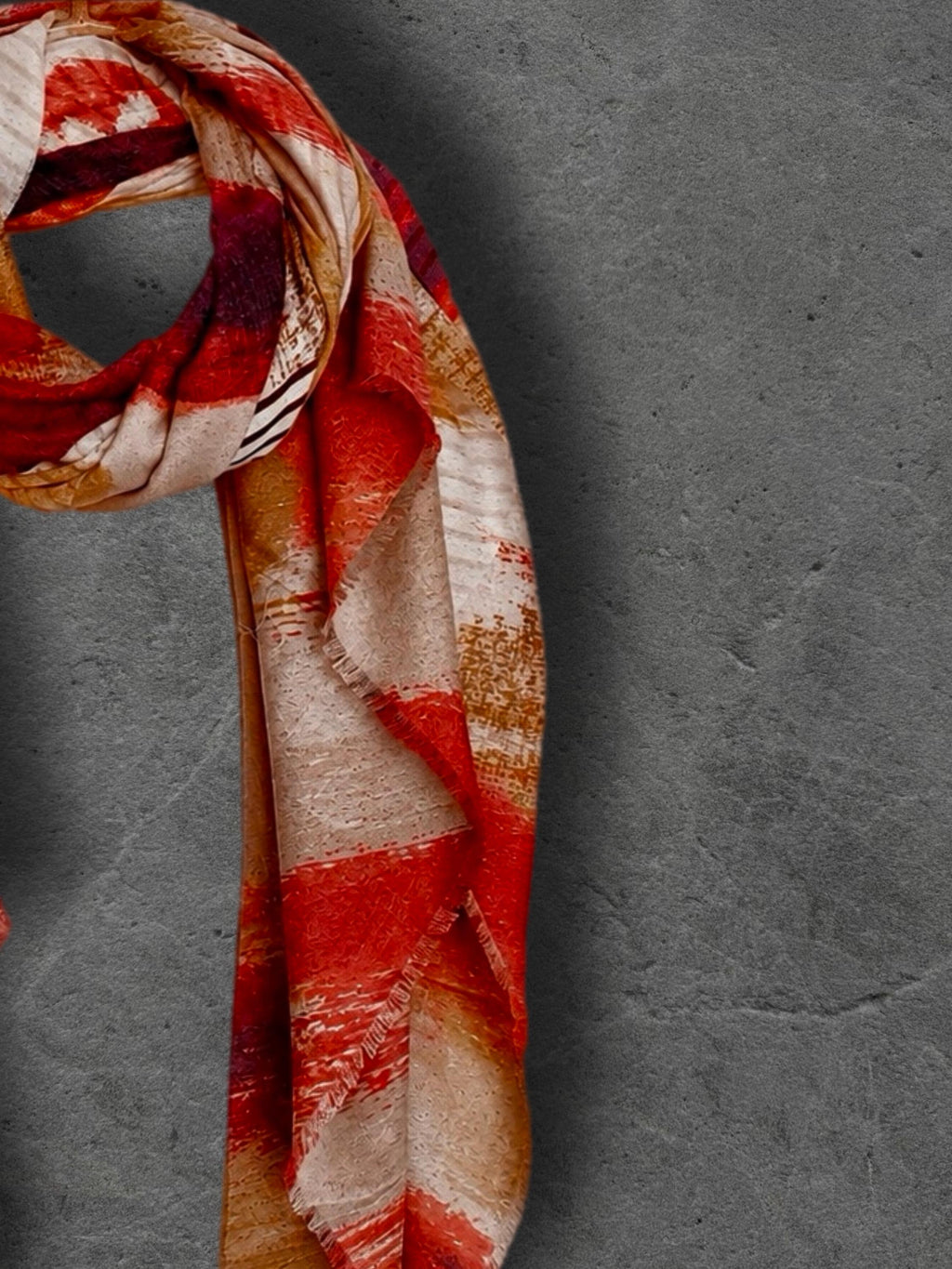 Red Beige Brushstroke Scarf, Burnt Orange Artistic Wrap, Abstract Cotton Viscose Shawl, Vibrant Fall Fashion, Statement Women’s Scarf