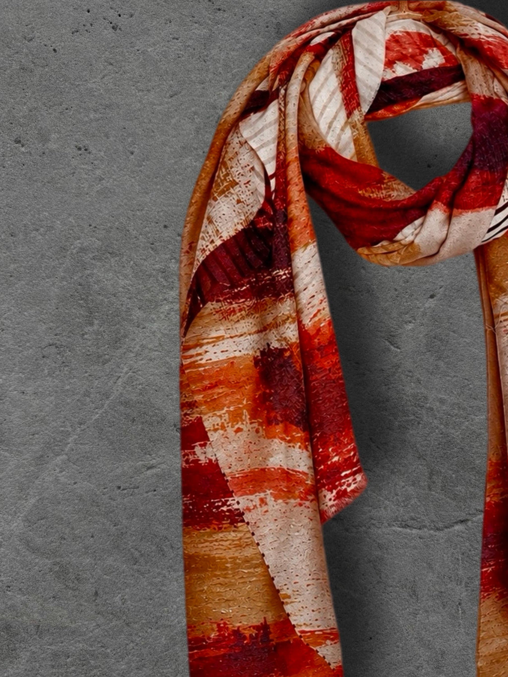 Red Beige Brushstroke Scarf, Burnt Orange Artistic Wrap, Abstract Cotton Viscose Shawl, Vibrant Fall Fashion, Statement Women’s Scarf