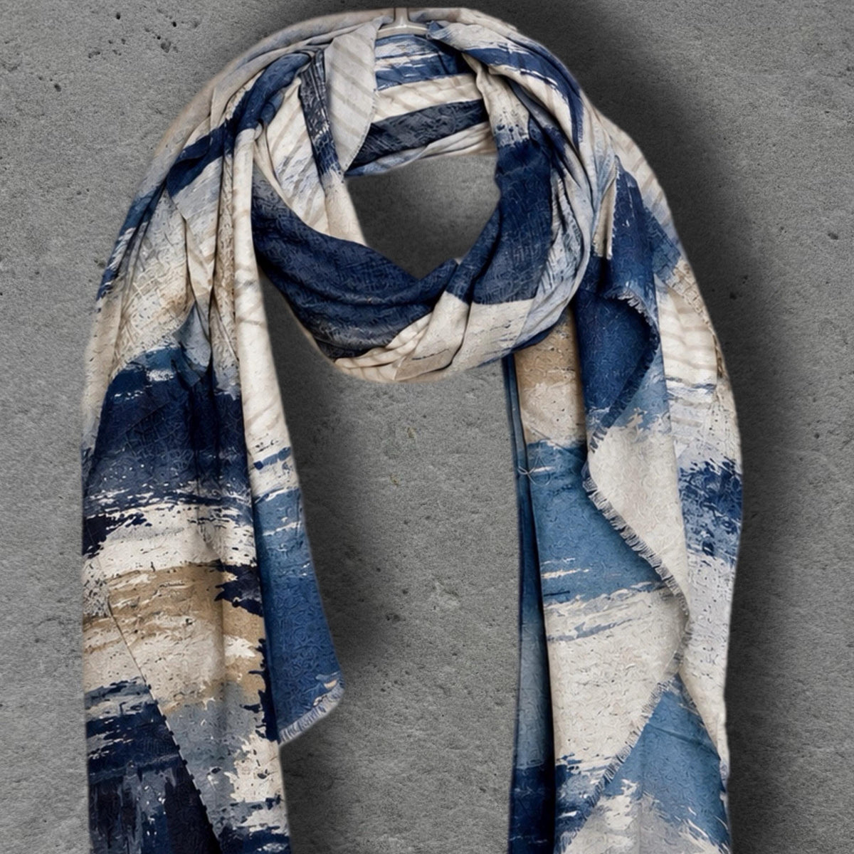Navy Blue Abstract Scarf, Powder Blue Cream Brushstroke Wrap, Cotton Viscose Artistic Shawl, Contemporary Women’s Autumn Accessory