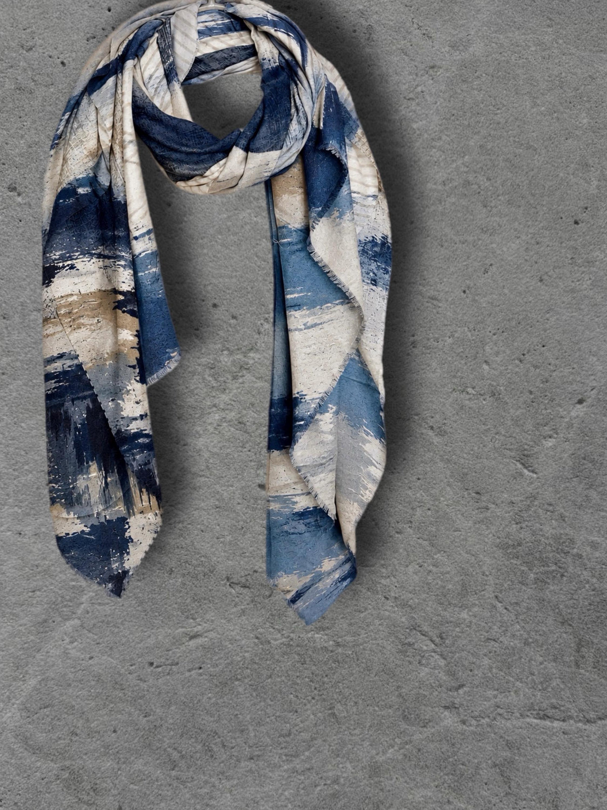 Navy Blue Abstract Scarf, Powder Blue Cream Brushstroke Wrap, Cotton Viscose Artistic Shawl, Contemporary Women’s Autumn Accessory
