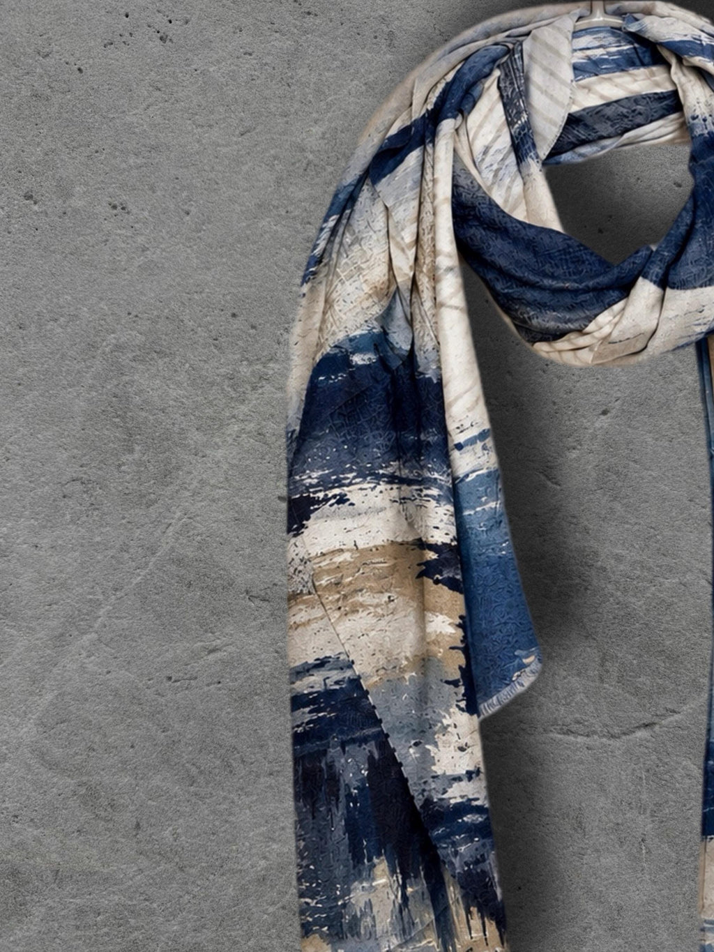 Navy Blue Abstract Scarf, Powder Blue Cream Brushstroke Wrap, Cotton Viscose Artistic Shawl, Contemporary Women’s Autumn Accessory