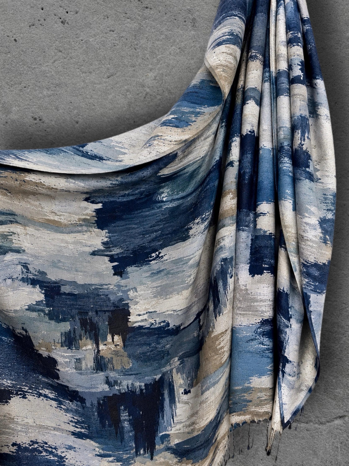 Navy Blue Abstract Scarf, Powder Blue Cream Brushstroke Wrap, Cotton Viscose Artistic Shawl, Contemporary Women’s Autumn Accessory