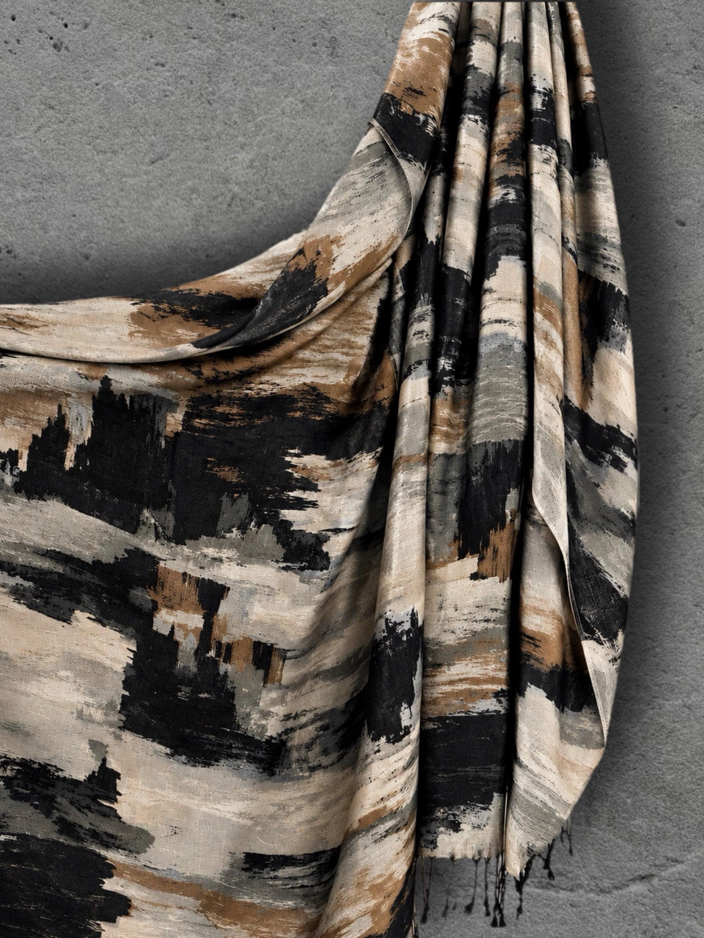 Black Camel Brushstroke Scarf, Cream Grey Abstract Wrap, Ultra Soft Cotton Viscose Shawl, Neutral Artistic Autumn Scarf, Gifts for Her