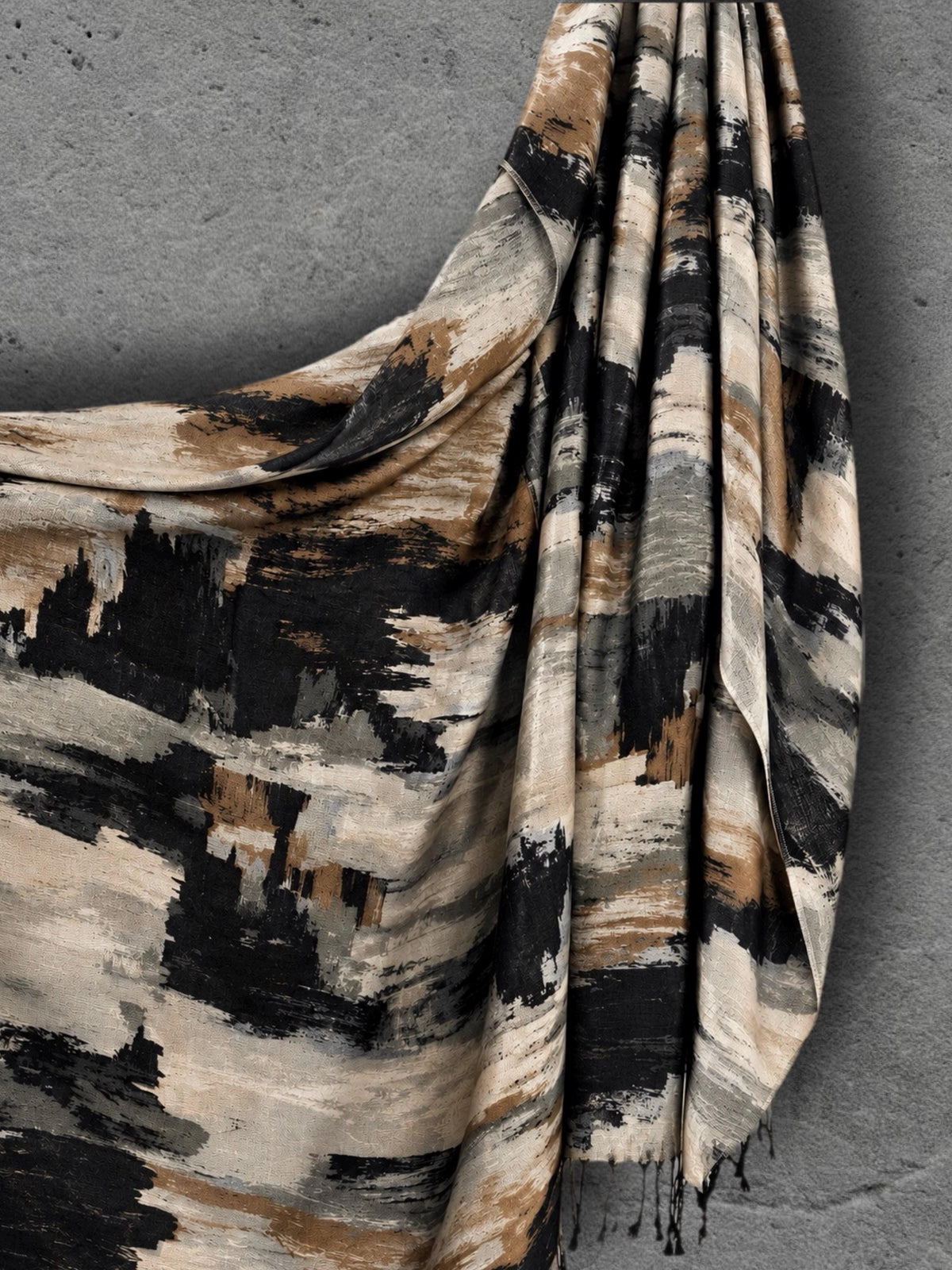 Black Camel Brushstroke Scarf, Cream Grey Abstract Wrap, Ultra Soft Cotton Viscose Shawl, Neutral Artistic Autumn Scarf, Gifts for Her