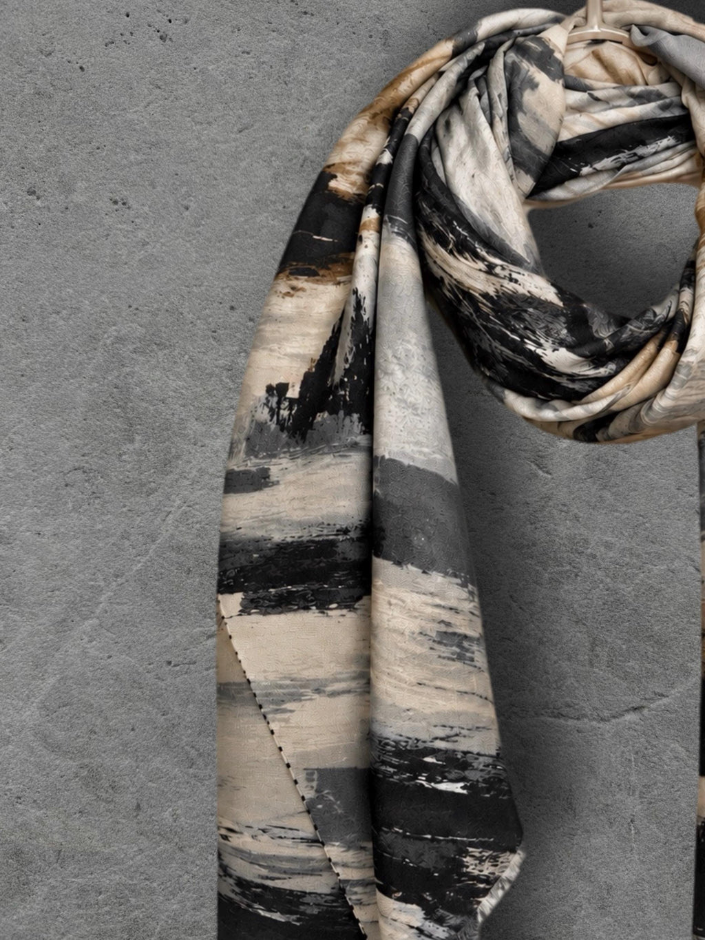 Black Camel Brushstroke Scarf, Cream Grey Abstract Wrap, Ultra Soft Cotton Viscose Shawl, Neutral Artistic Autumn Scarf, Gifts for Her