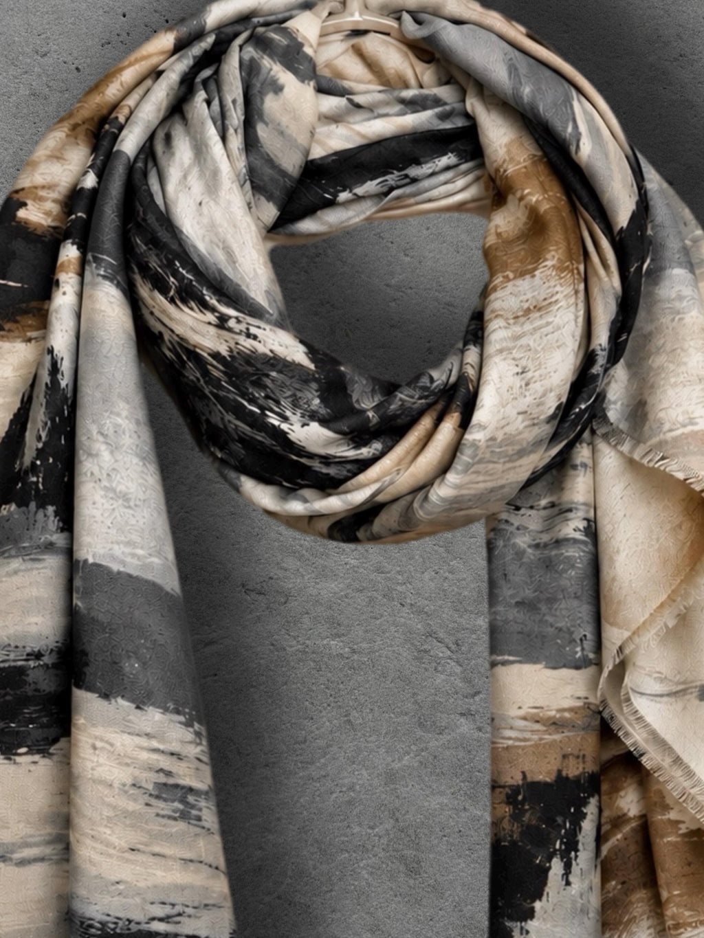 Black Camel Brushstroke Scarf, Cream Grey Abstract Wrap, Ultra Soft Cotton Viscose Shawl, Neutral Artistic Autumn Scarf, Gifts for Her