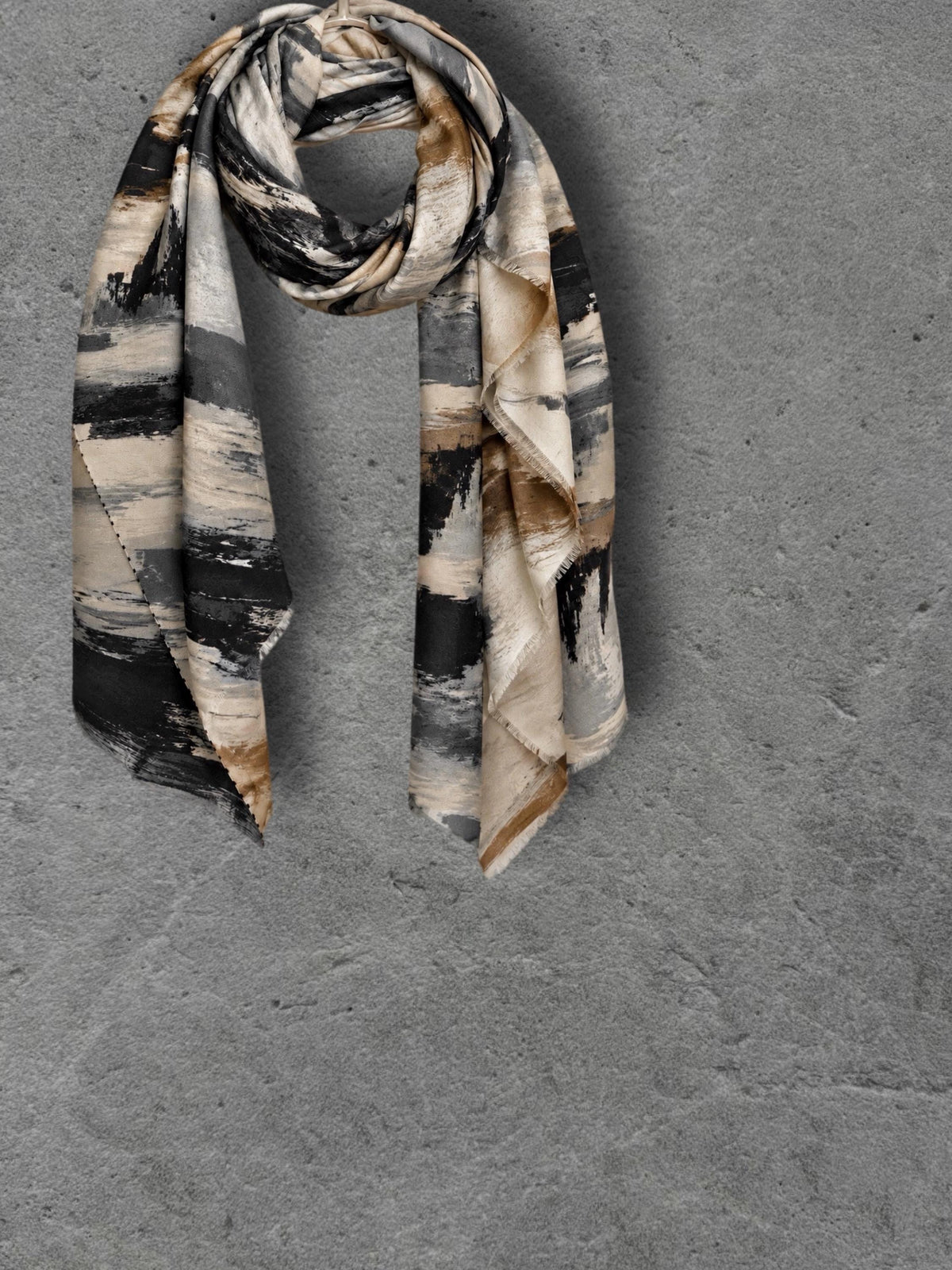 Black Camel Brushstroke Scarf, Cream Grey Abstract Wrap, Ultra Soft Cotton Viscose Shawl, Neutral Artistic Autumn Scarf, Gifts for Her