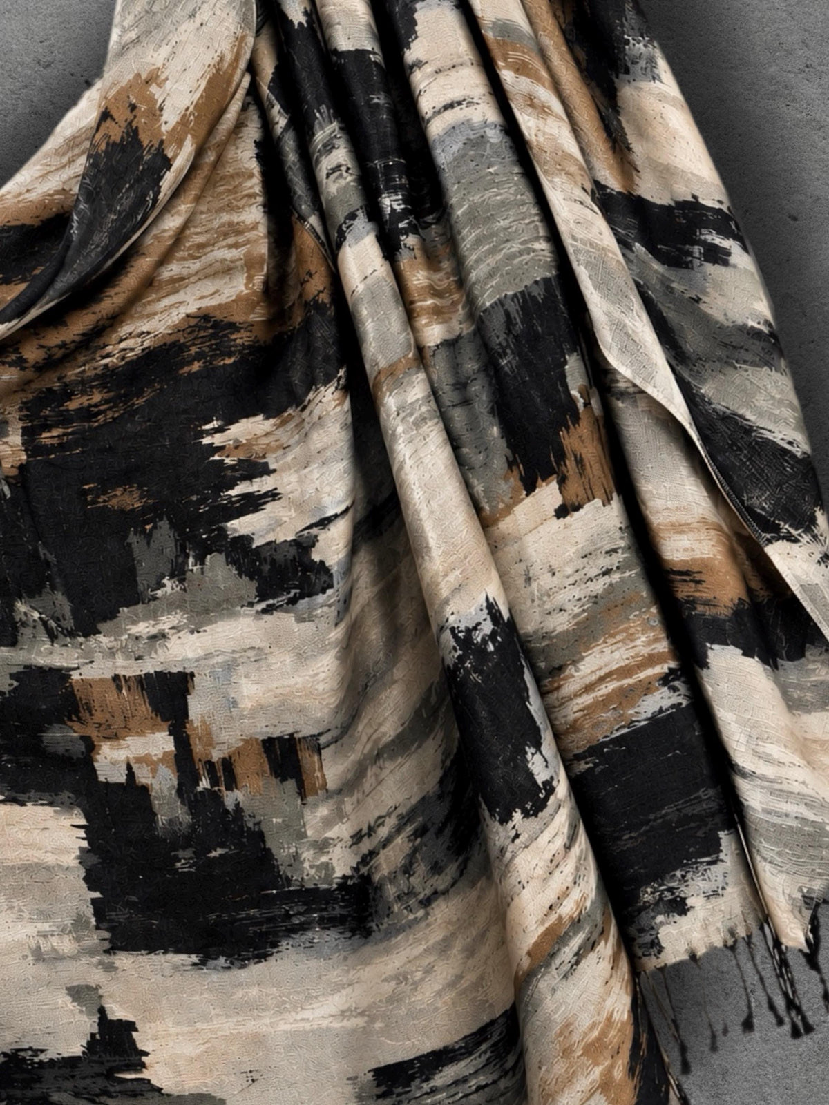 Black Camel Brushstroke Scarf, Cream Grey Abstract Wrap, Ultra Soft Cotton Viscose Shawl, Neutral Artistic Autumn Scarf, Gifts for Her