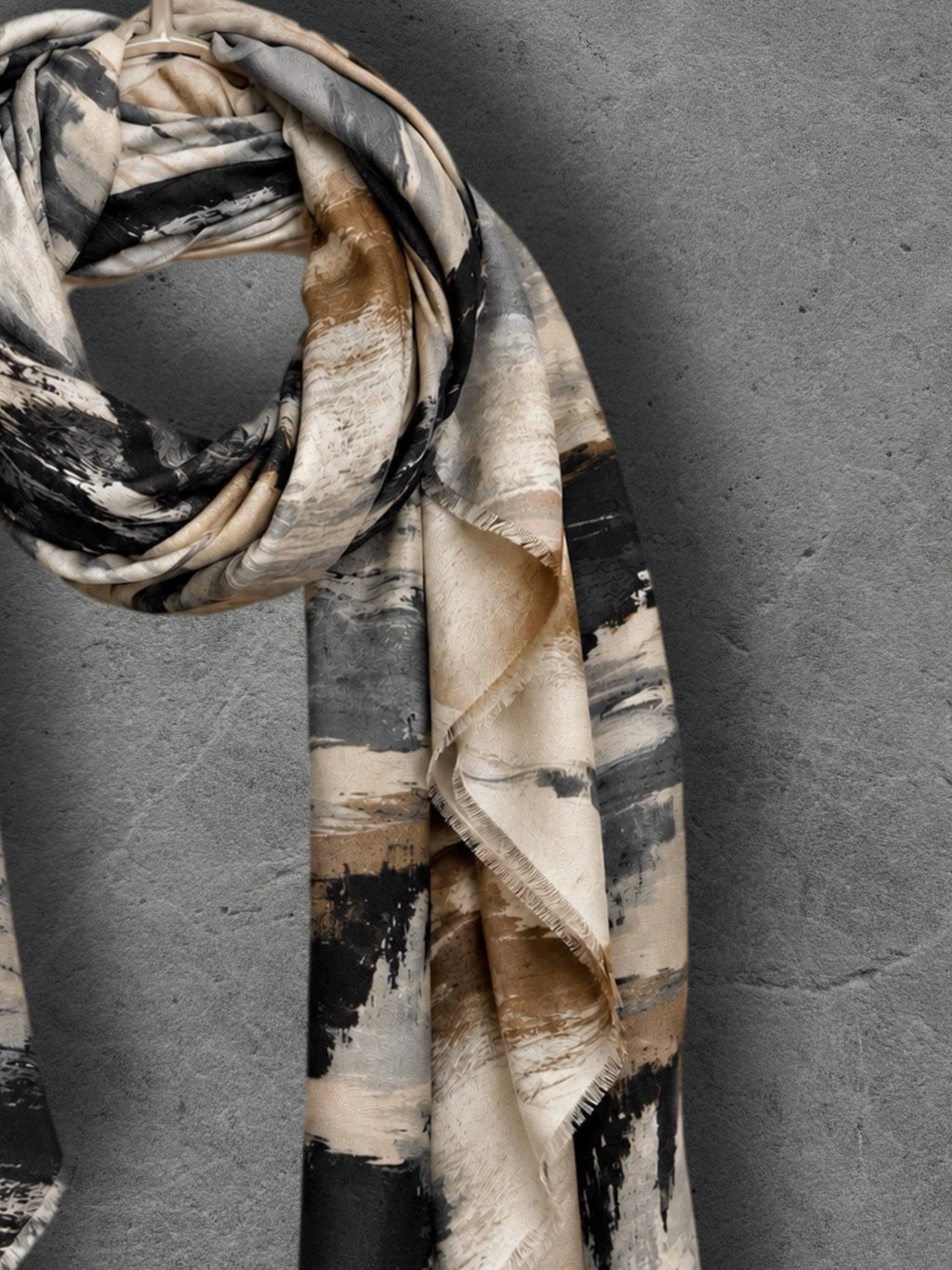 Black Camel Brushstroke Scarf, Cream Grey Abstract Wrap, Ultra Soft Cotton Viscose Shawl, Neutral Artistic Autumn Scarf, Gifts for Her