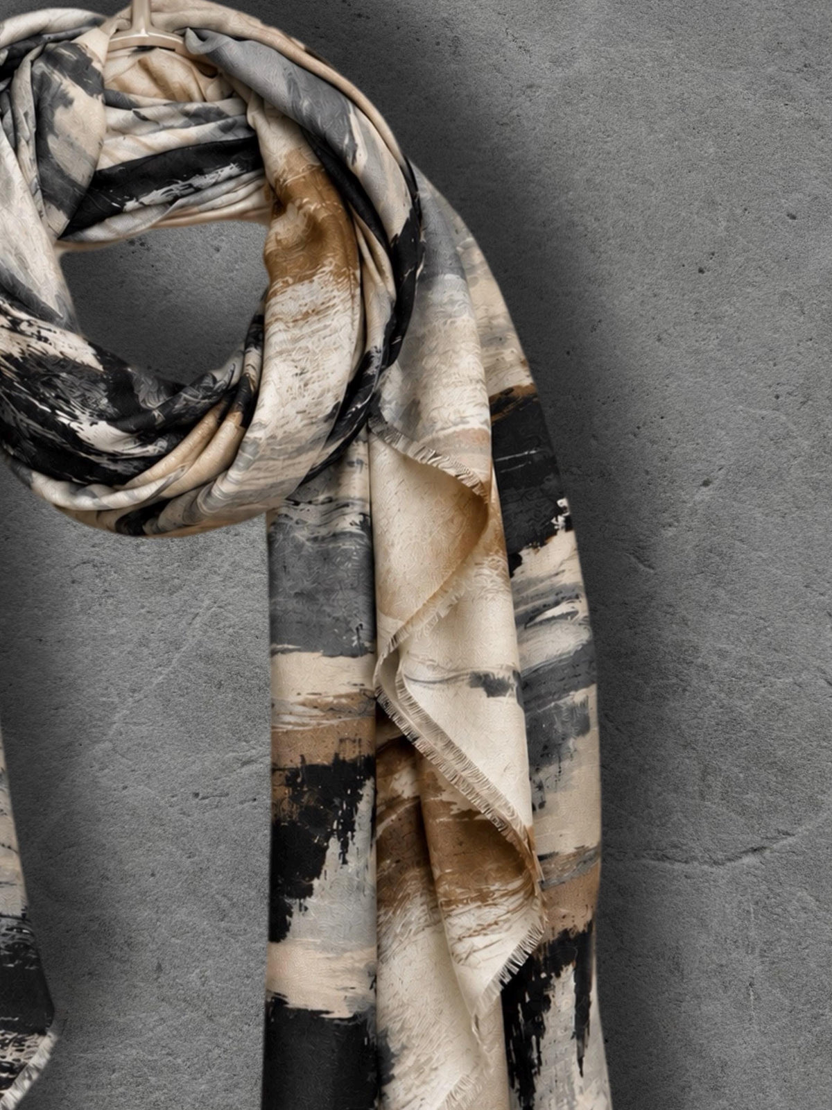 Black Camel Brushstroke Scarf, Cream Grey Abstract Wrap, Ultra Soft Cotton Viscose Shawl, Neutral Artistic Autumn Scarf, Gifts for Her