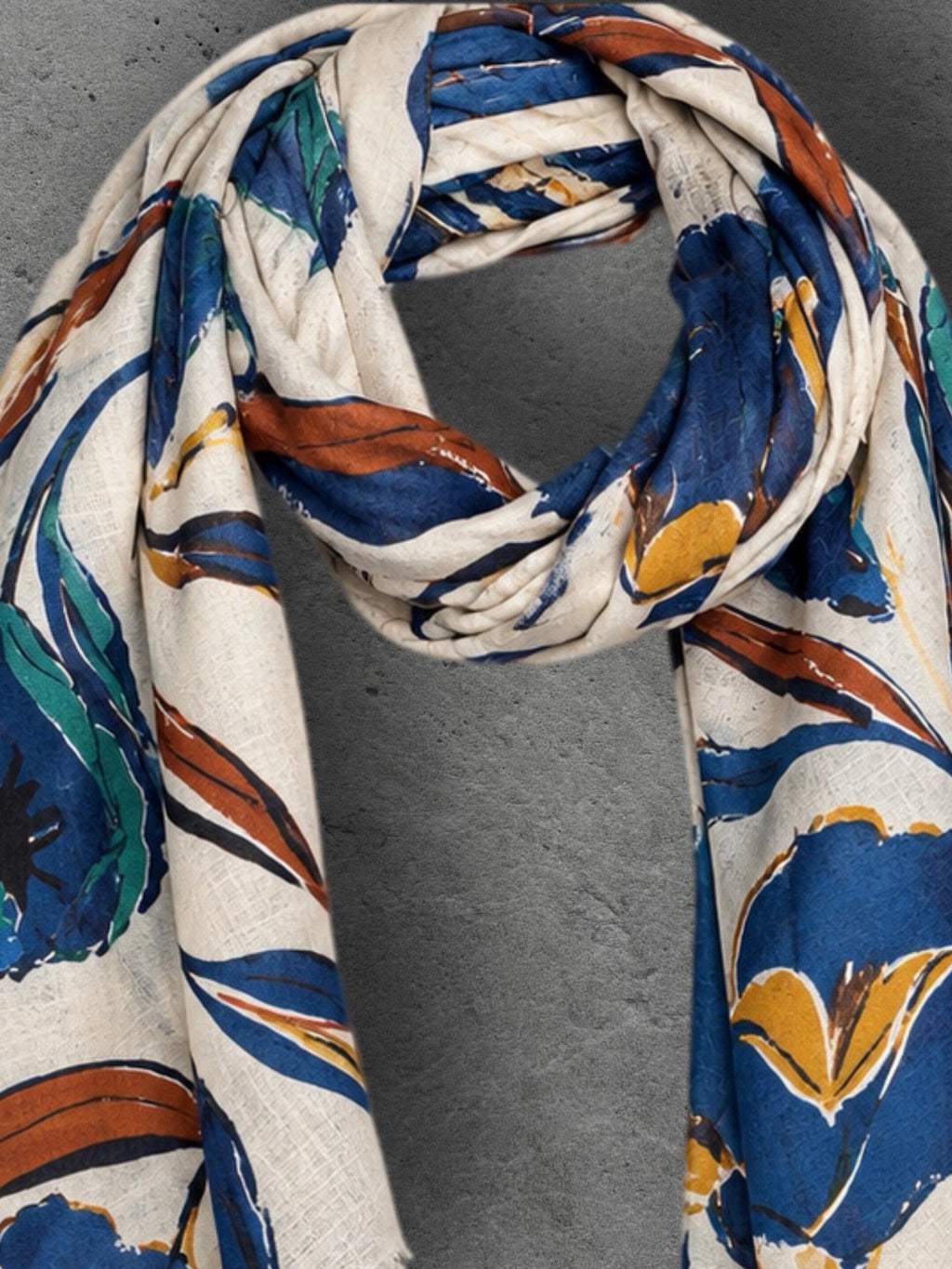 Ivory Blue Floral Print Scarf, Lightweight Autumn Wrap, Teal Botanical Shawl for Women, Ideal Gifts for Her