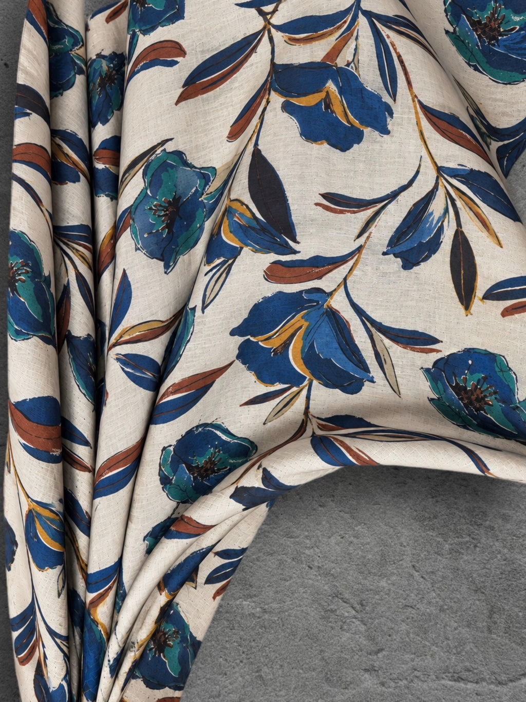 Ivory Blue Floral Print Scarf, Lightweight Autumn Wrap, Teal Botanical Shawl for Women, Ideal Gifts for Her