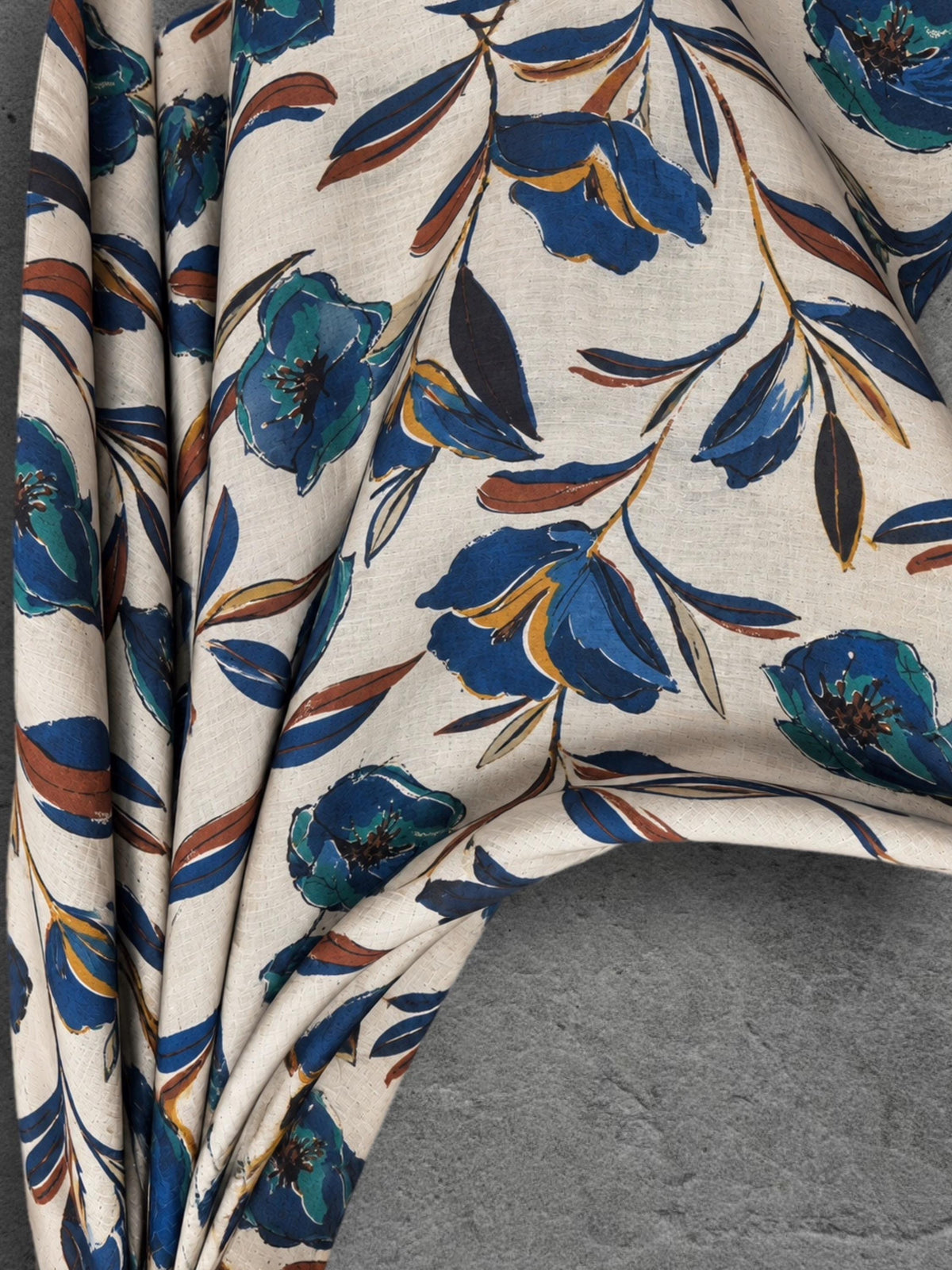 Ivory Blue Floral Print Scarf, Lightweight Autumn Wrap, Teal Botanical Shawl for Women, Ideal Gifts for Her