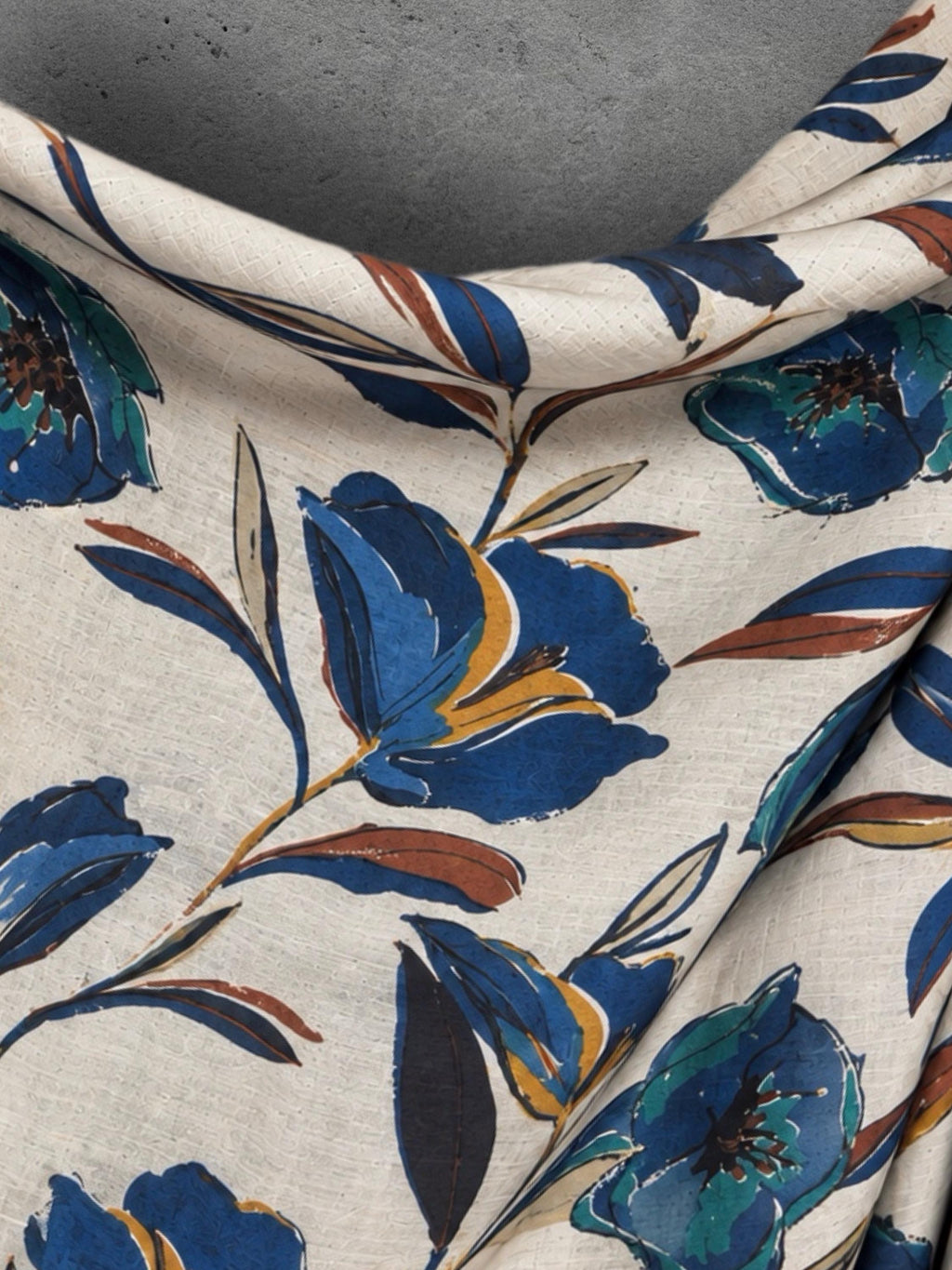 Ivory Blue Floral Print Scarf, Lightweight Autumn Wrap, Teal Botanical Shawl for Women, Ideal Gifts for Her