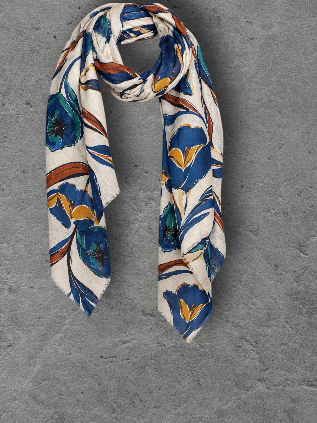 Ivory Blue Floral Print Scarf, Lightweight Autumn Wrap, Teal Botanical Shawl for Women, Ideal Gifts for Her