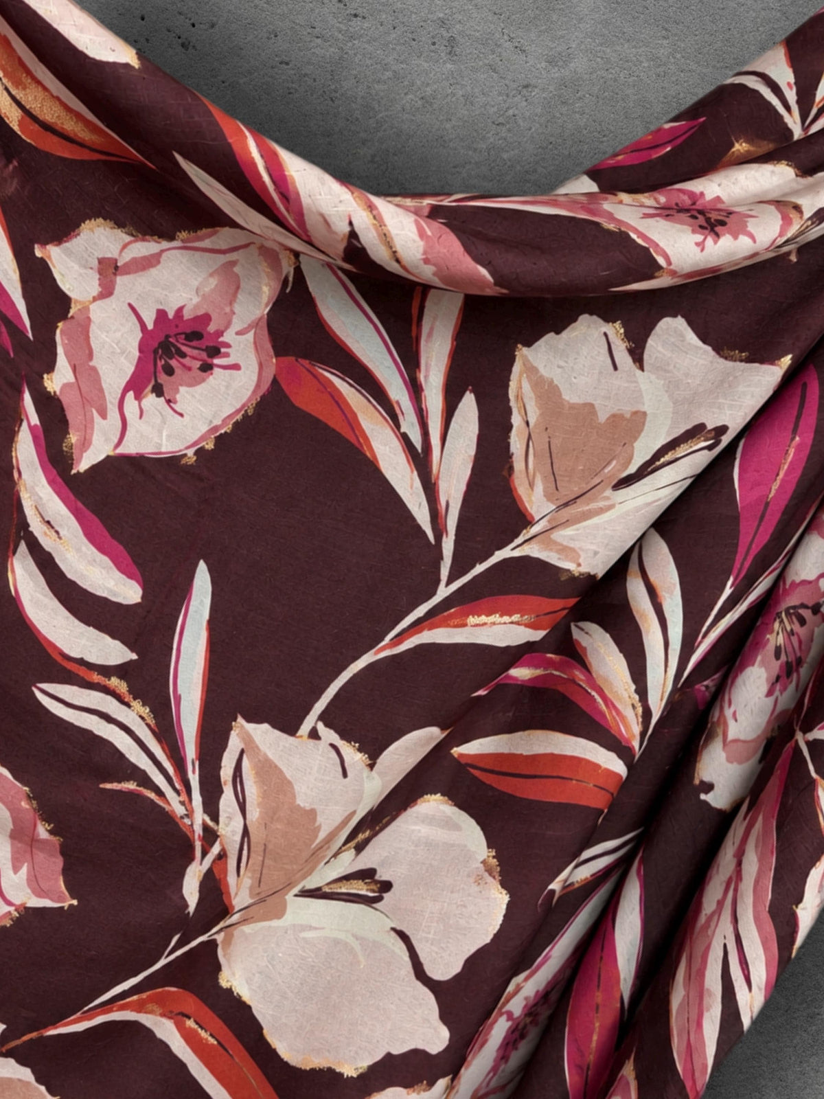 Burgundy Pink Floral Print Scarf, Lightweight Autumn Shawl, Cream Botanical Wrap for Women, Great Gift for Her