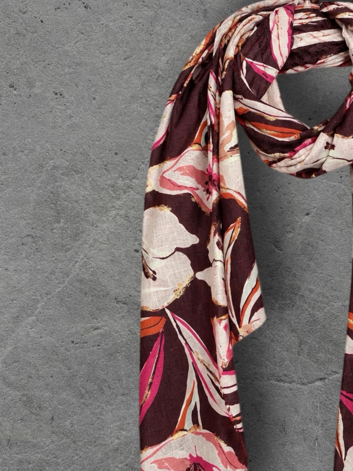 Burgundy Pink Floral Print Scarf, Lightweight Autumn Shawl, Cream Botanical Wrap for Women, Great Gift for Her