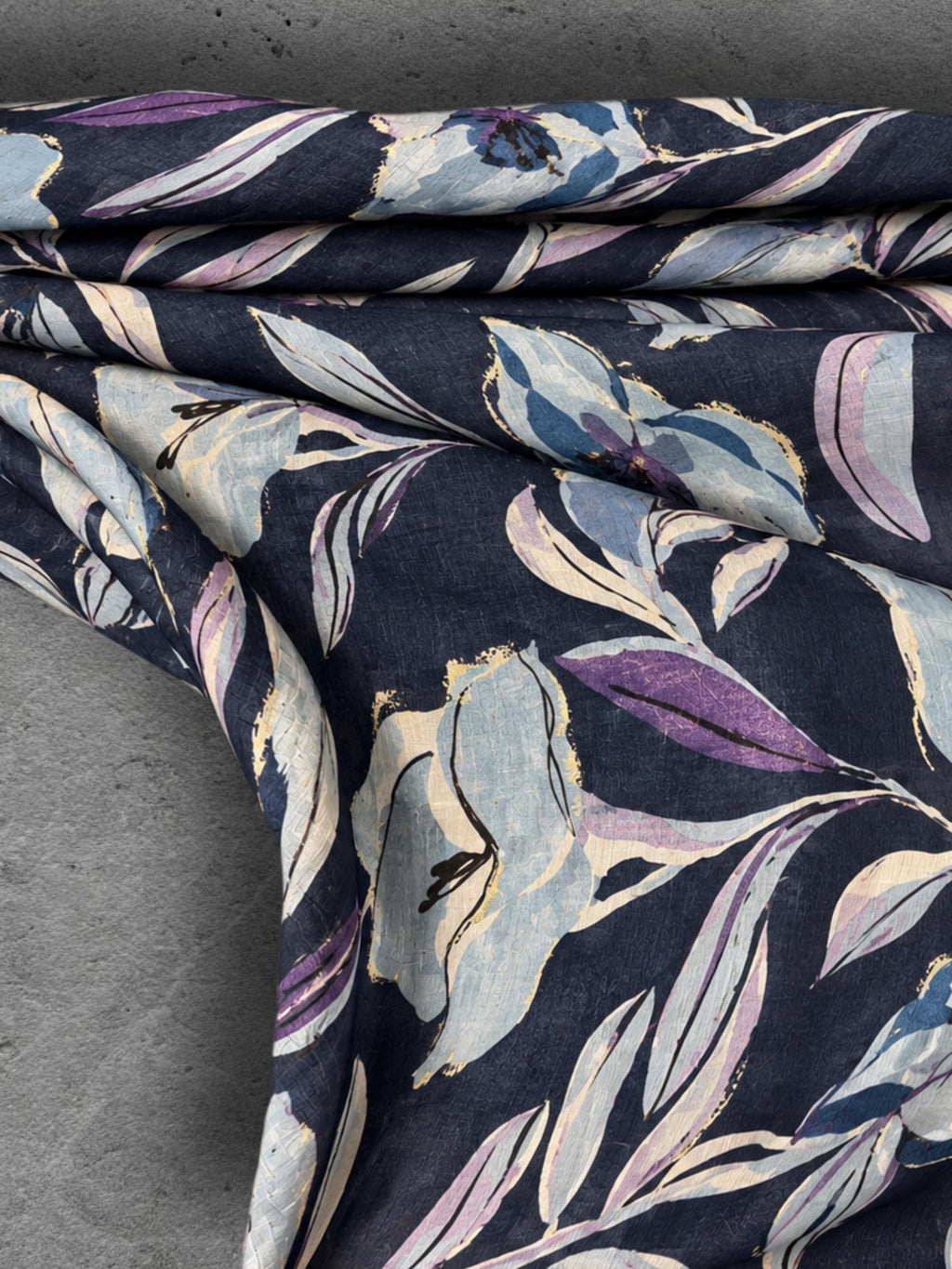 Navy Blue Floral Print Autumn Winter Scarf, Lightweight Cotton Wrap, Lilac Botanical Shawl for Women, Ideal Gift for Her